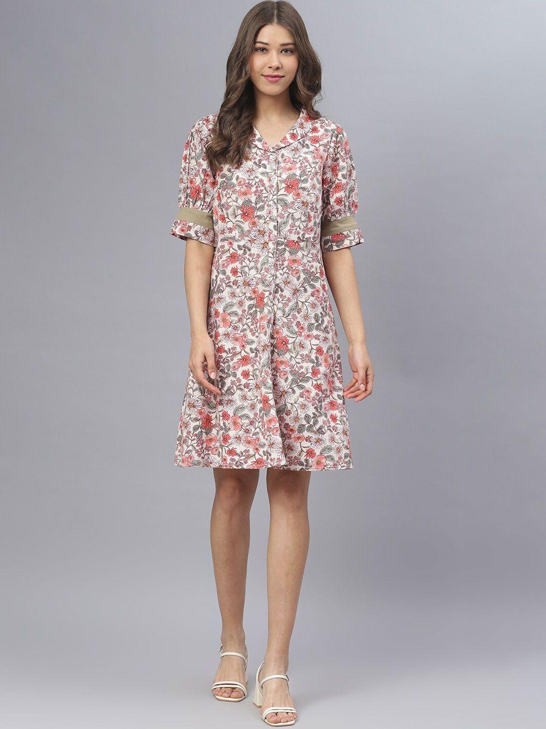 deebaco off white & red floral printed cotton a-line dress