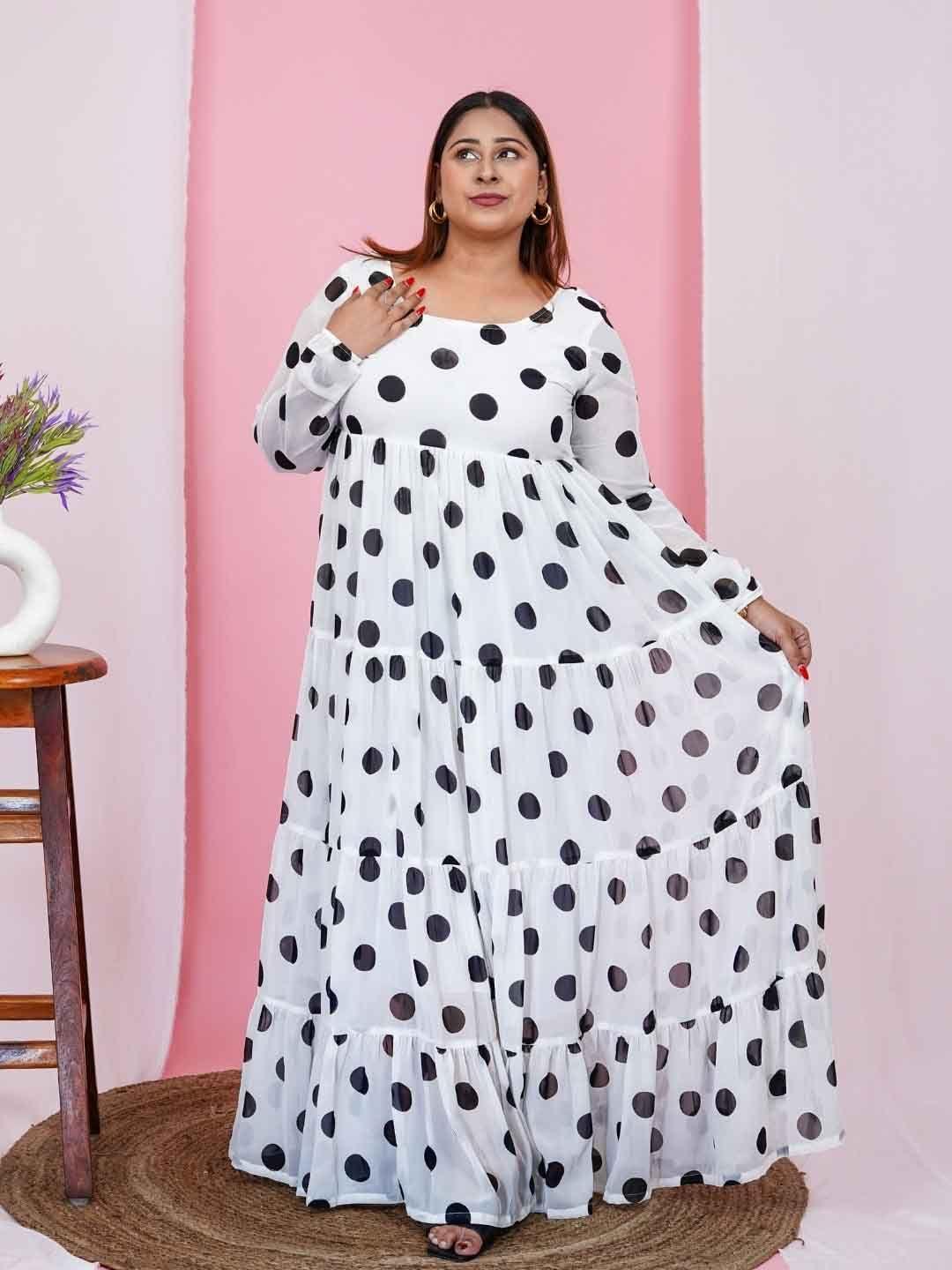 deebaco plus size polka dots printed georgette tiered maxi dress