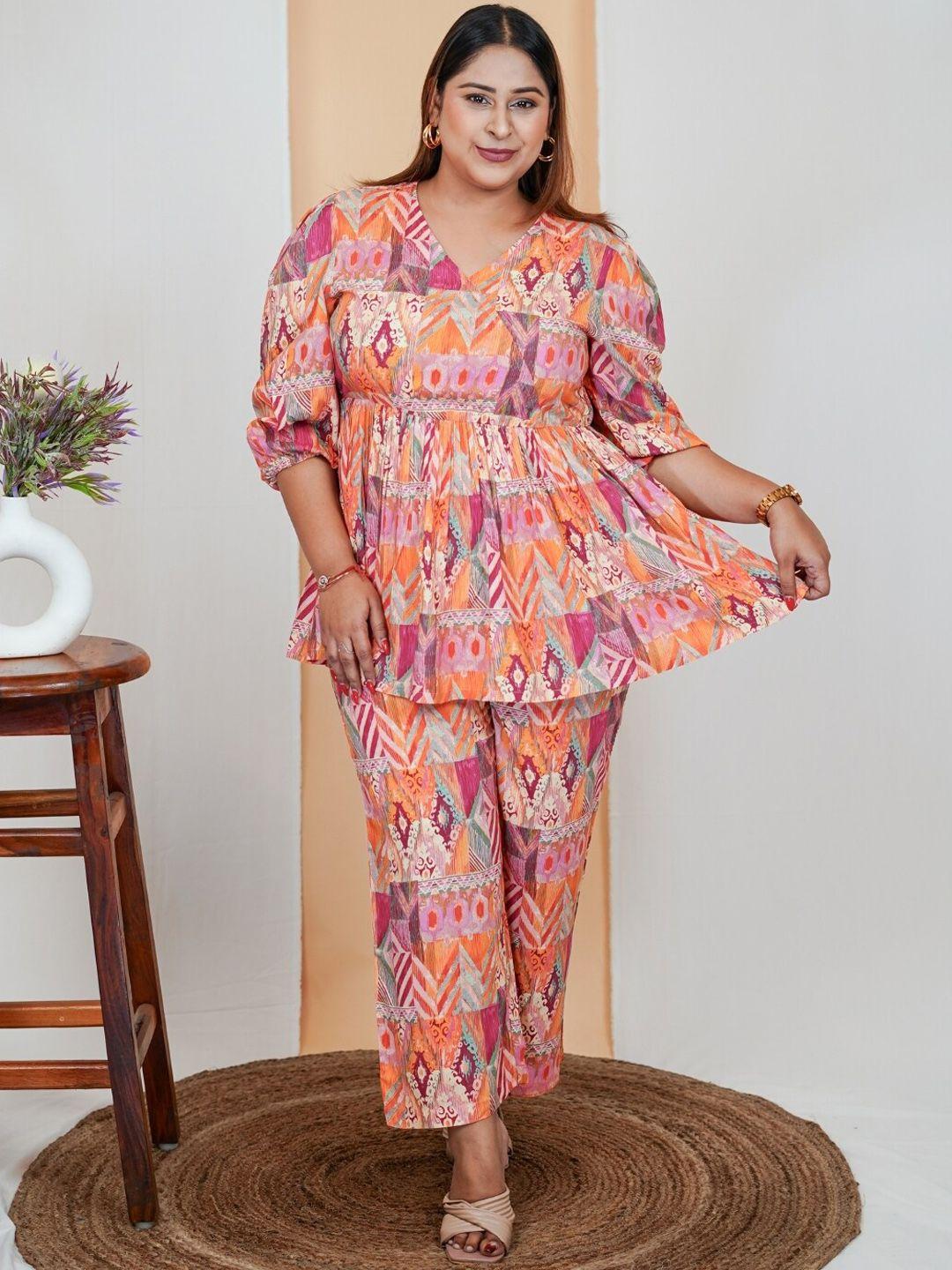 deebaco plus size printed v-neck top with trousers