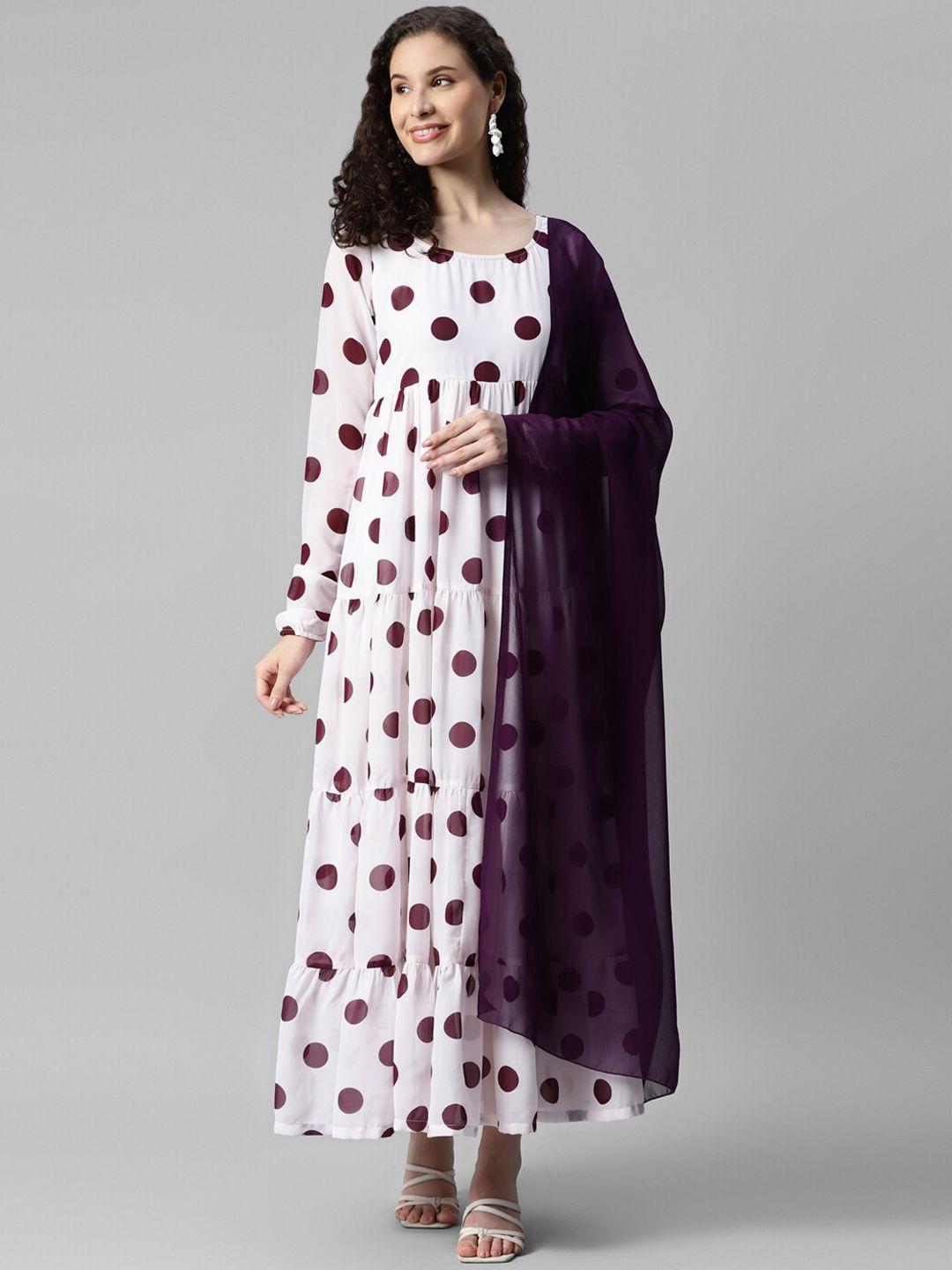 deebaco polka dot printed long sleeves georgette tiered maxi dress with dupatta