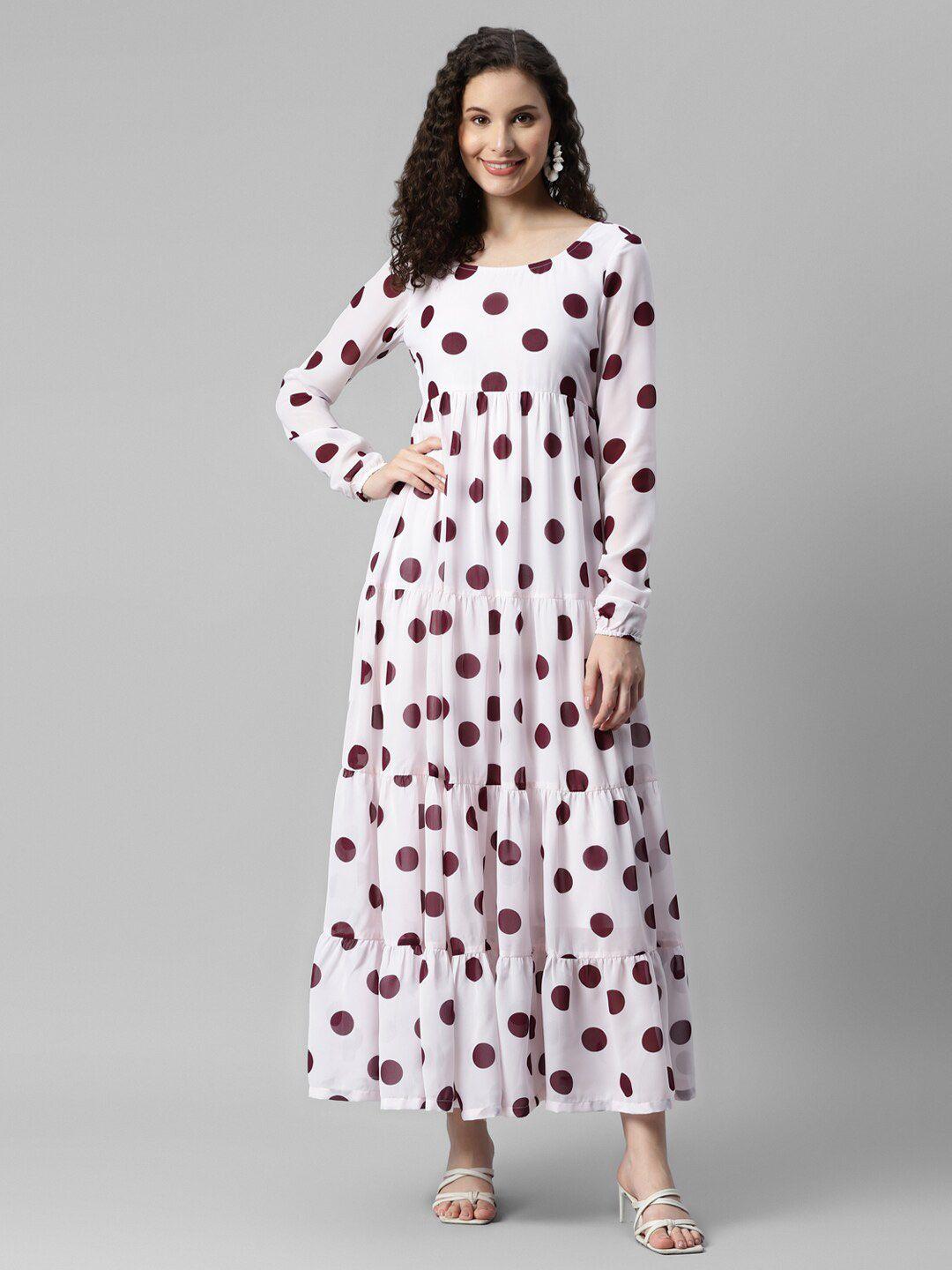 deebaco polka dot printed square neck tiered fit & flare maxi dress