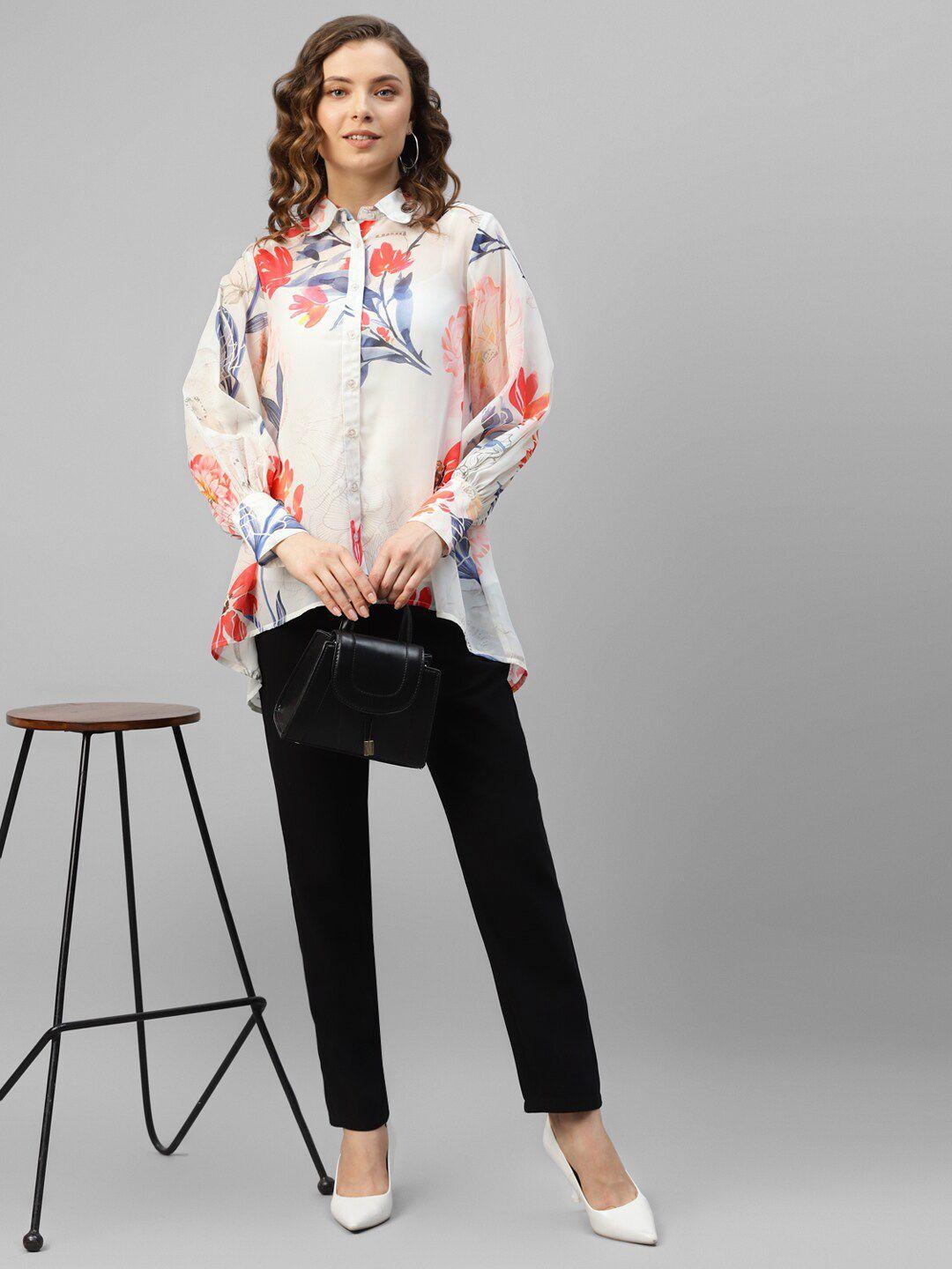 deebaco premium boxy fit floral printed cuff sleeves high-low hem opaque casual shirt