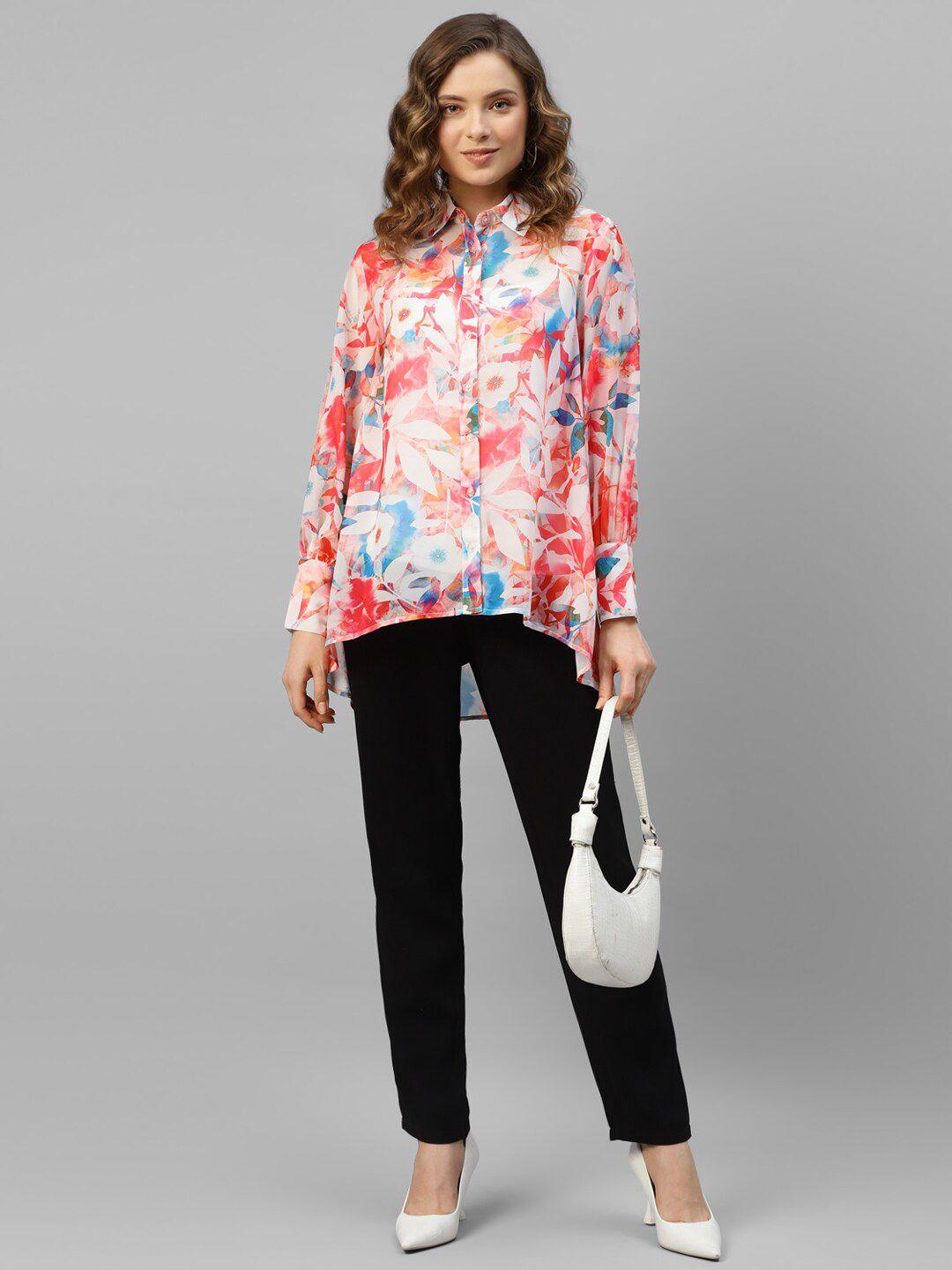 deebaco premium boxy fit floral printed cuff sleeves high-low hem opaque casual shirt