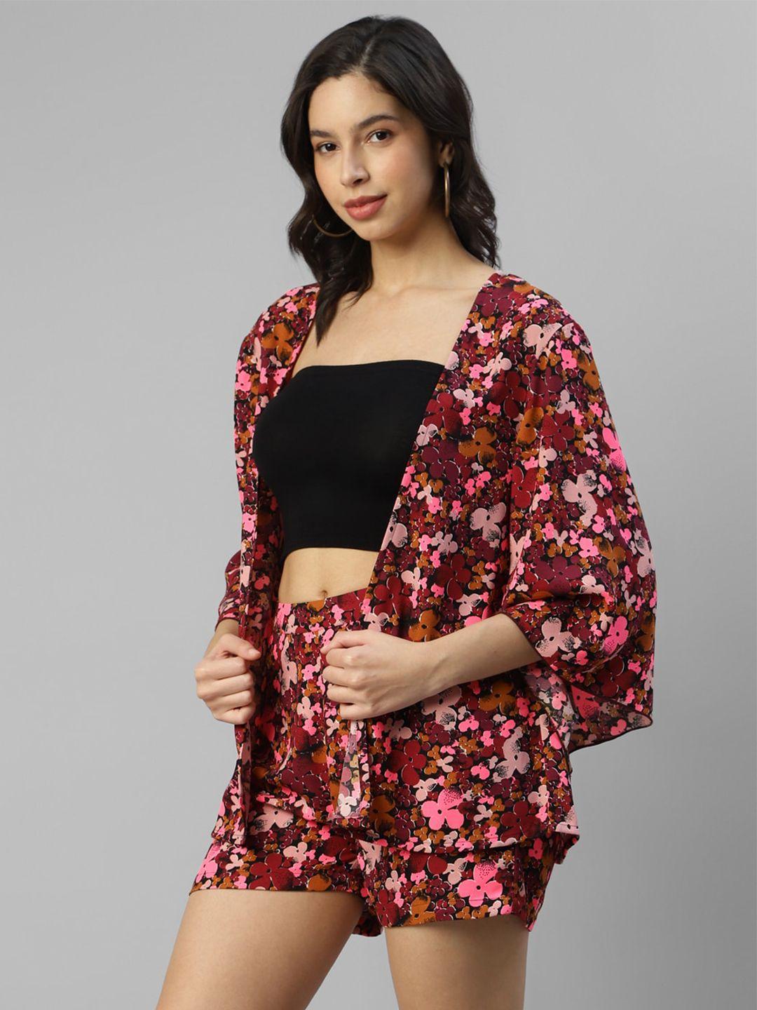deebaco printed front open shrug with shorts co-ords