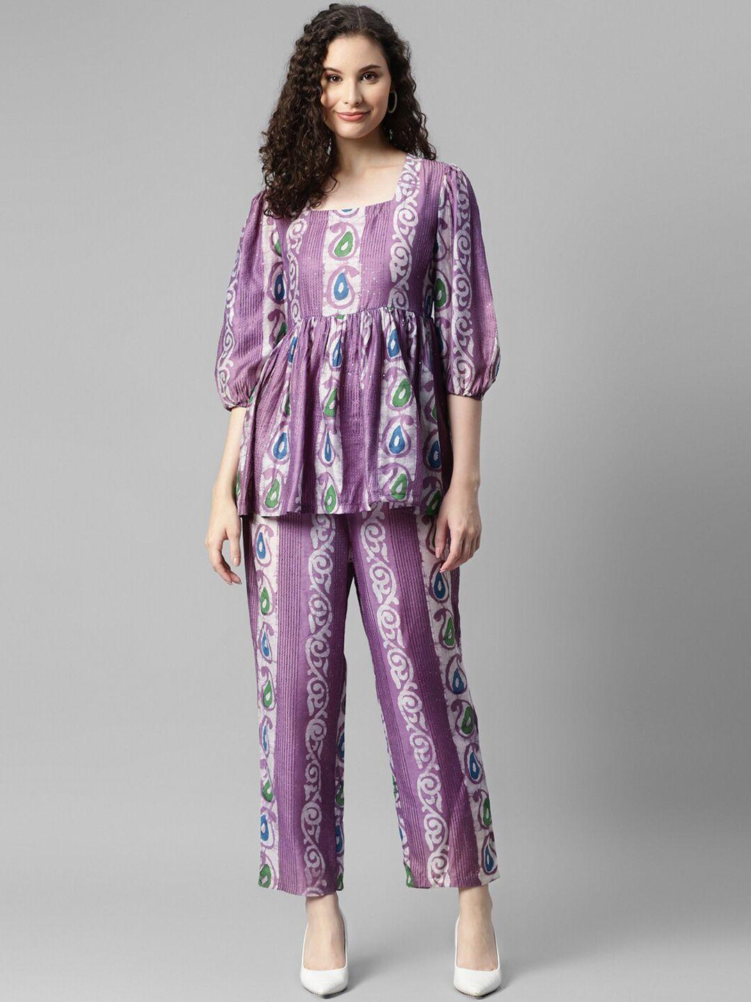 deebaco printed round-neck top with trouser co-ords