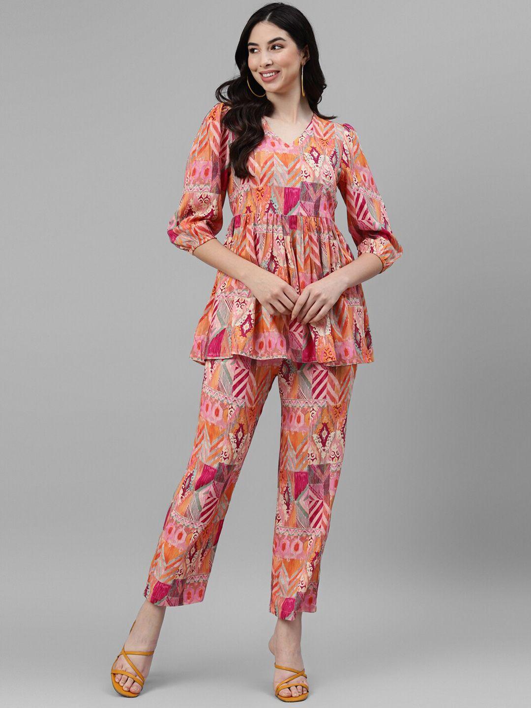 deebaco printed tunic flared top with trousers co-ords