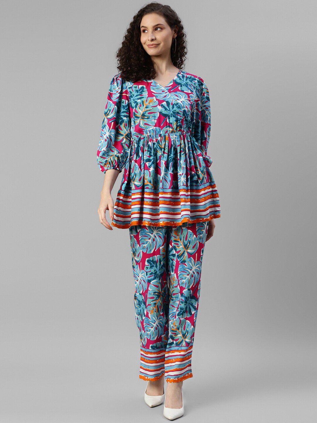 deebaco printed v-neck tunic with trousers co-ords