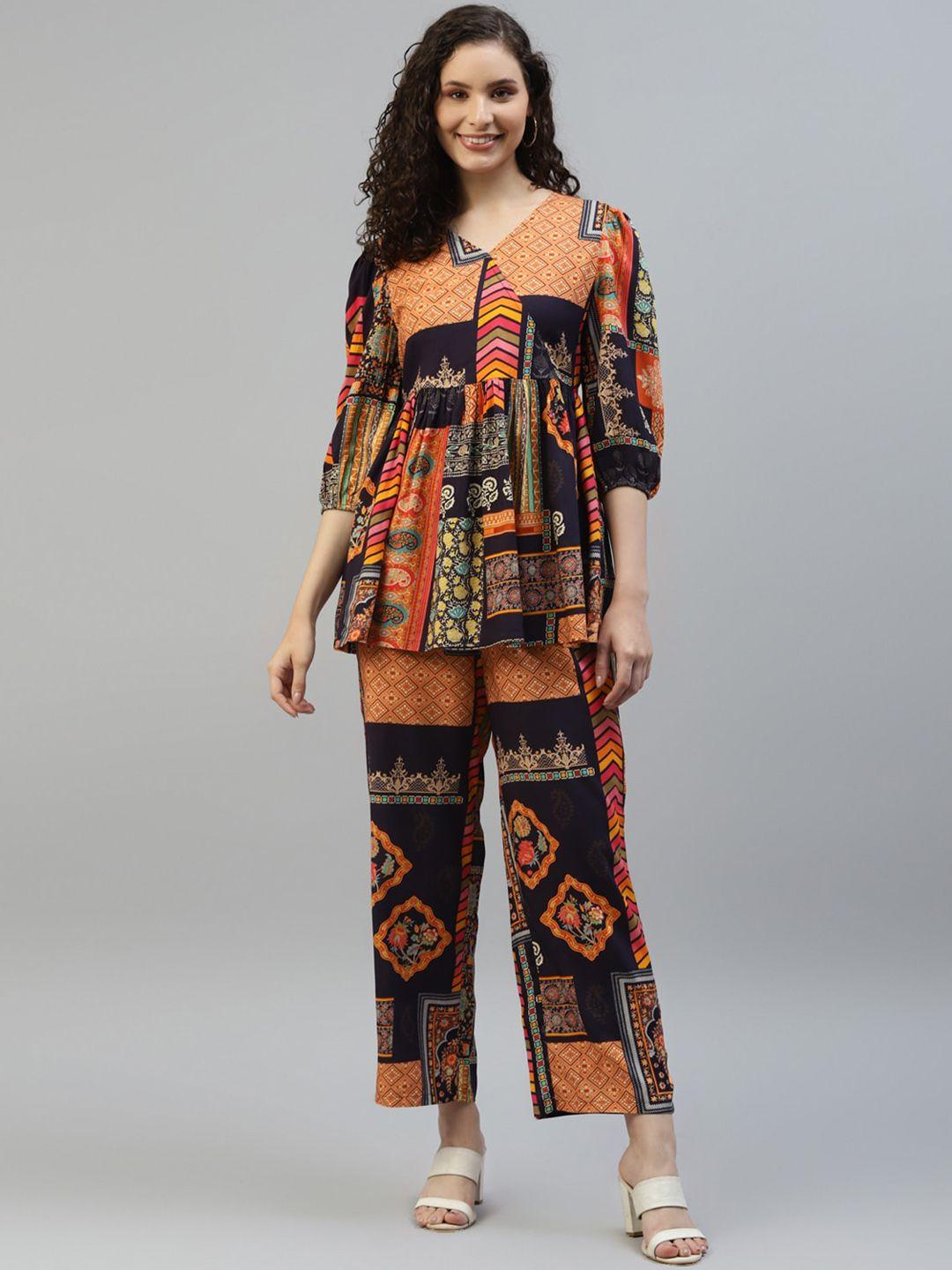 deebaco printed v-neck tunic with trousers