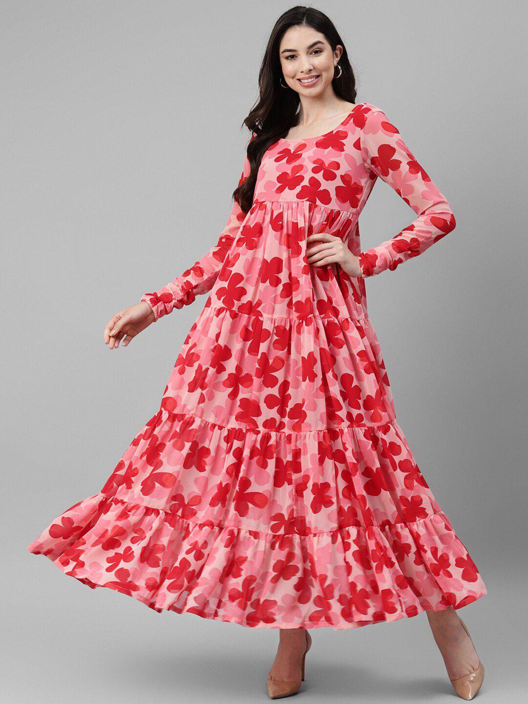 deebaco red floral print georgette fit & flare maxi dress