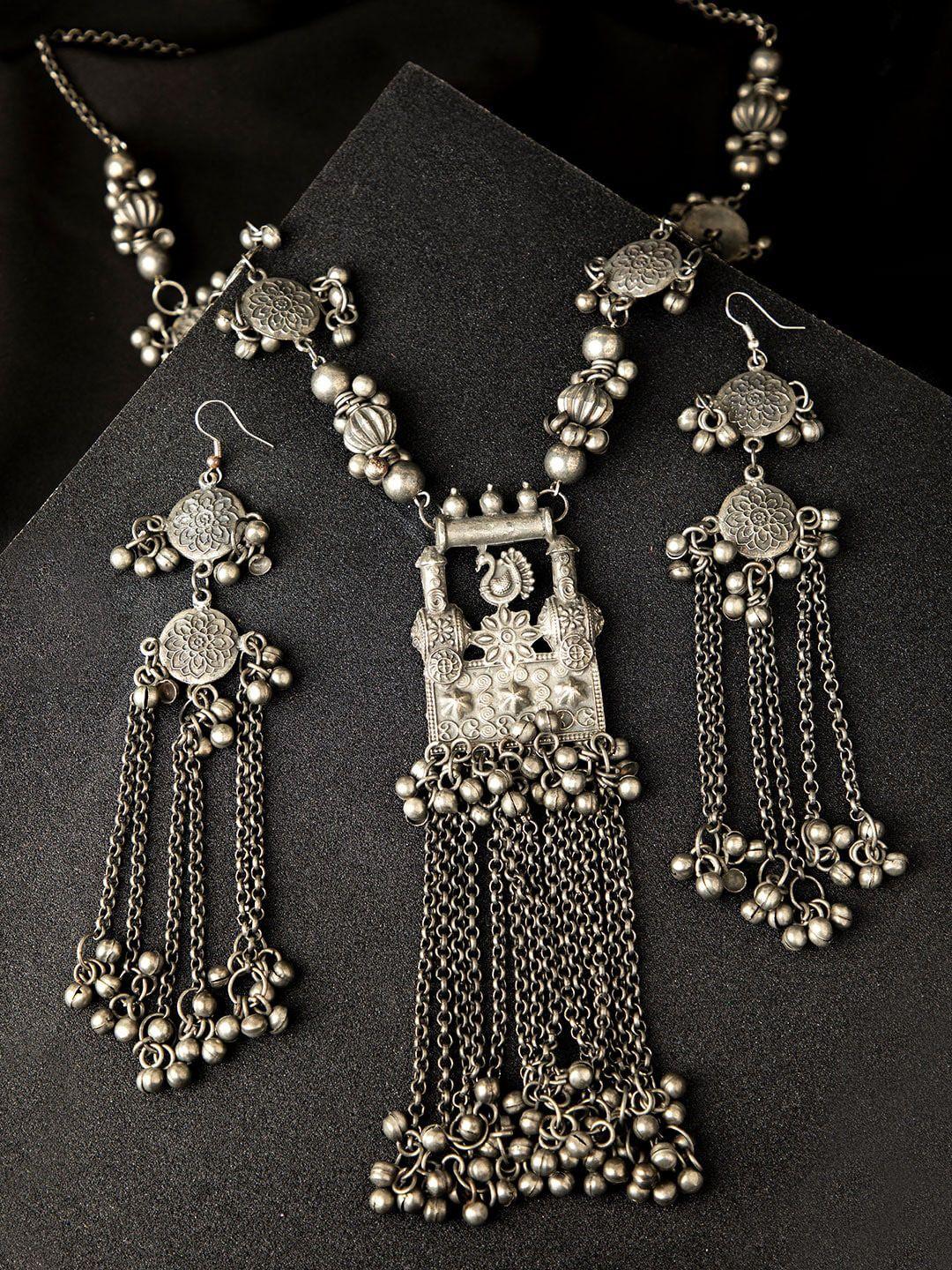 deebaco silver-plated oxidized stone-studded & beaded jewellery set
