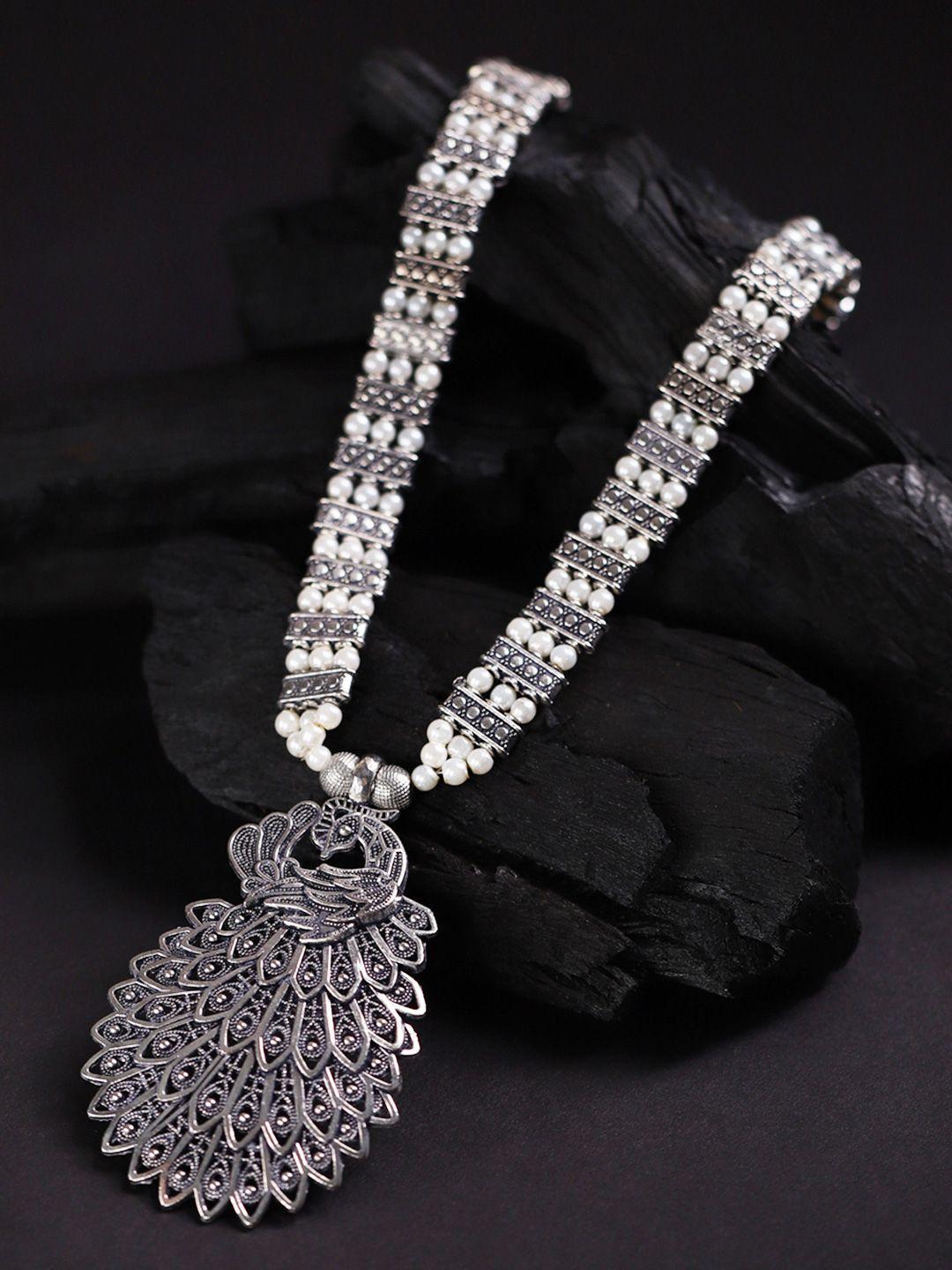 deebaco silver-toned & white silver silver-plated oxidised necklace