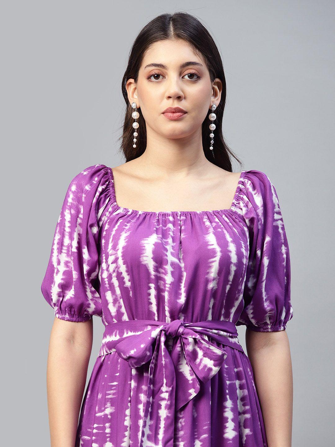 deebaco square neck tie and dye printed puff sleeve fit & flare dress