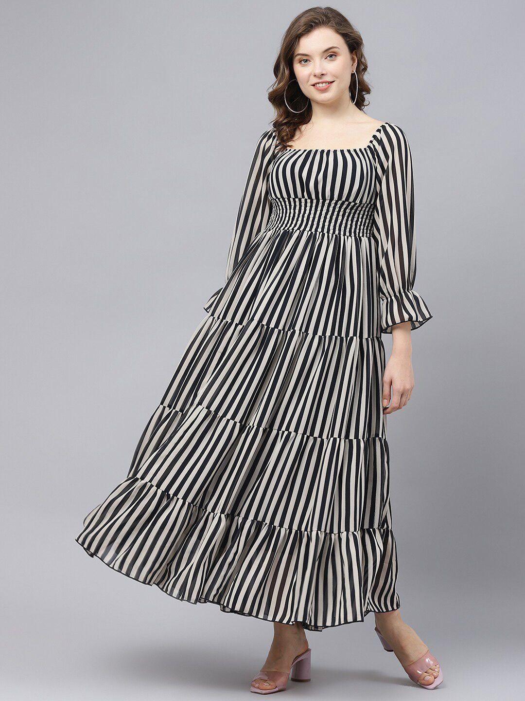 deebaco striped bell sleeves square neck smocked georgette tiered maxi fit & flare dress