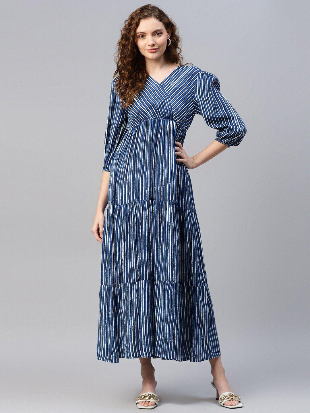 deebaco striped v-neck puff sleeve fit & flare maxi dress