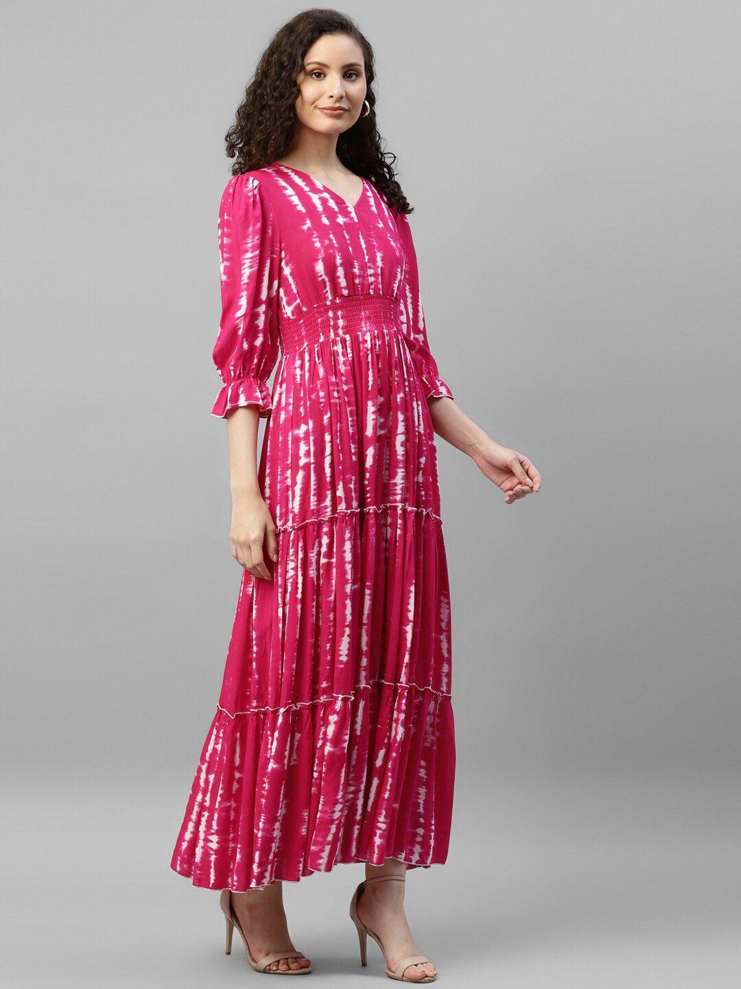 deebaco tie and dye printed smocked puff sleeve tiered maxi dress