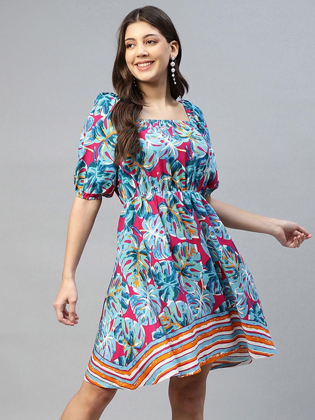 deebaco tropical print square neck puff sleeves above knee fit & flare dress