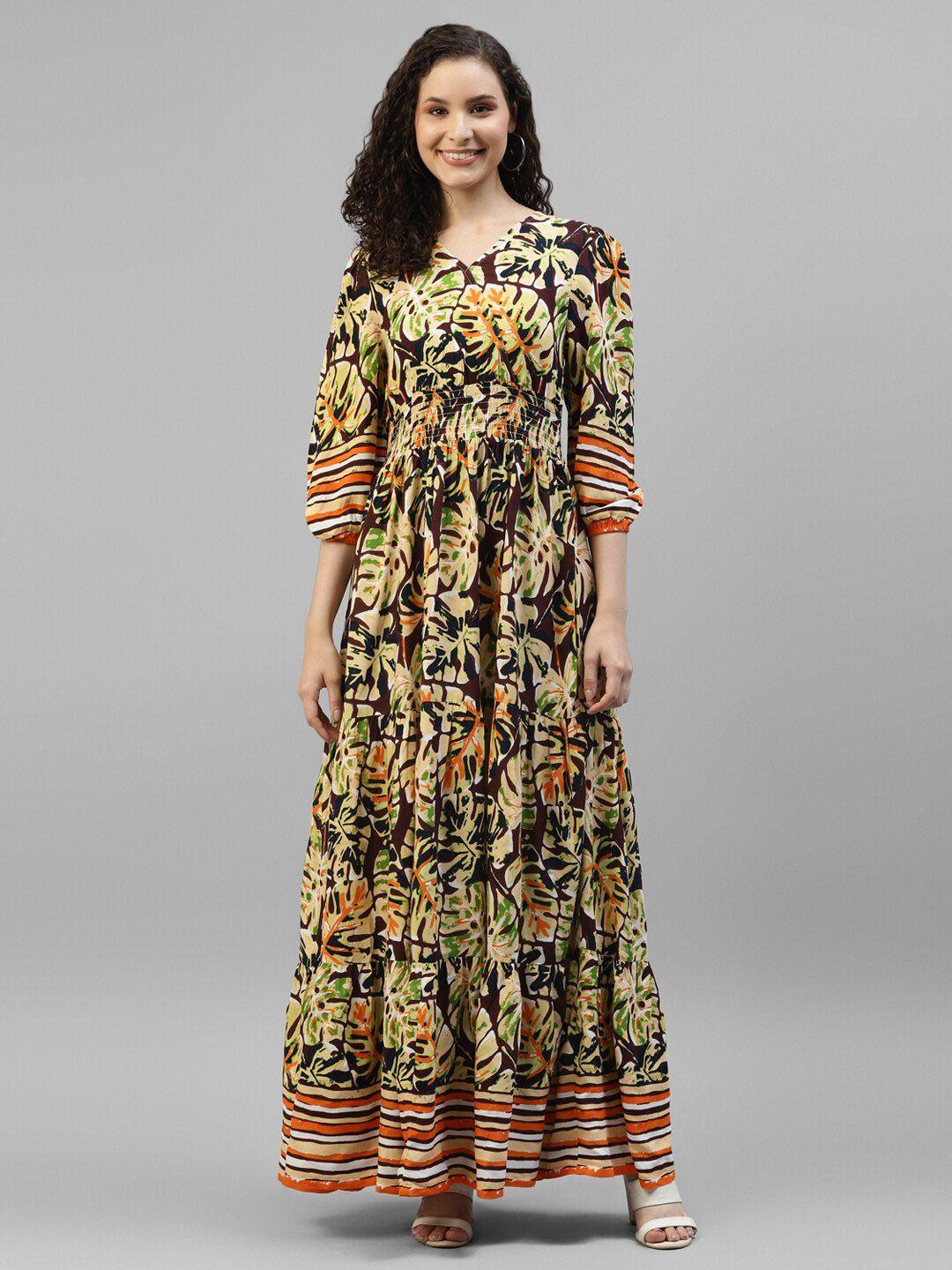 deebaco tropical printed puff sleeve fit & flare maxi dress