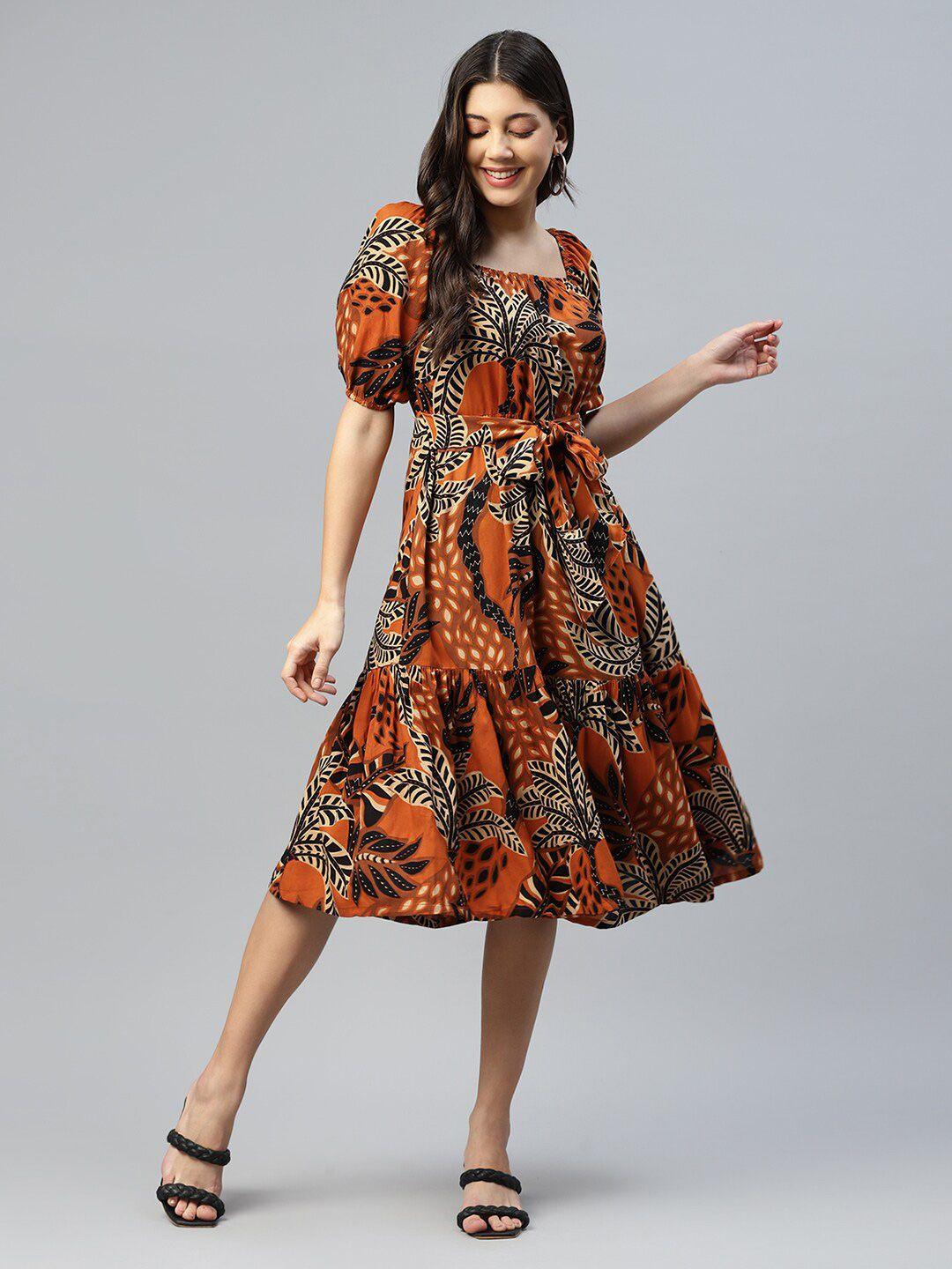 deebaco tropical printed puff sleeve fit & flare midi dress