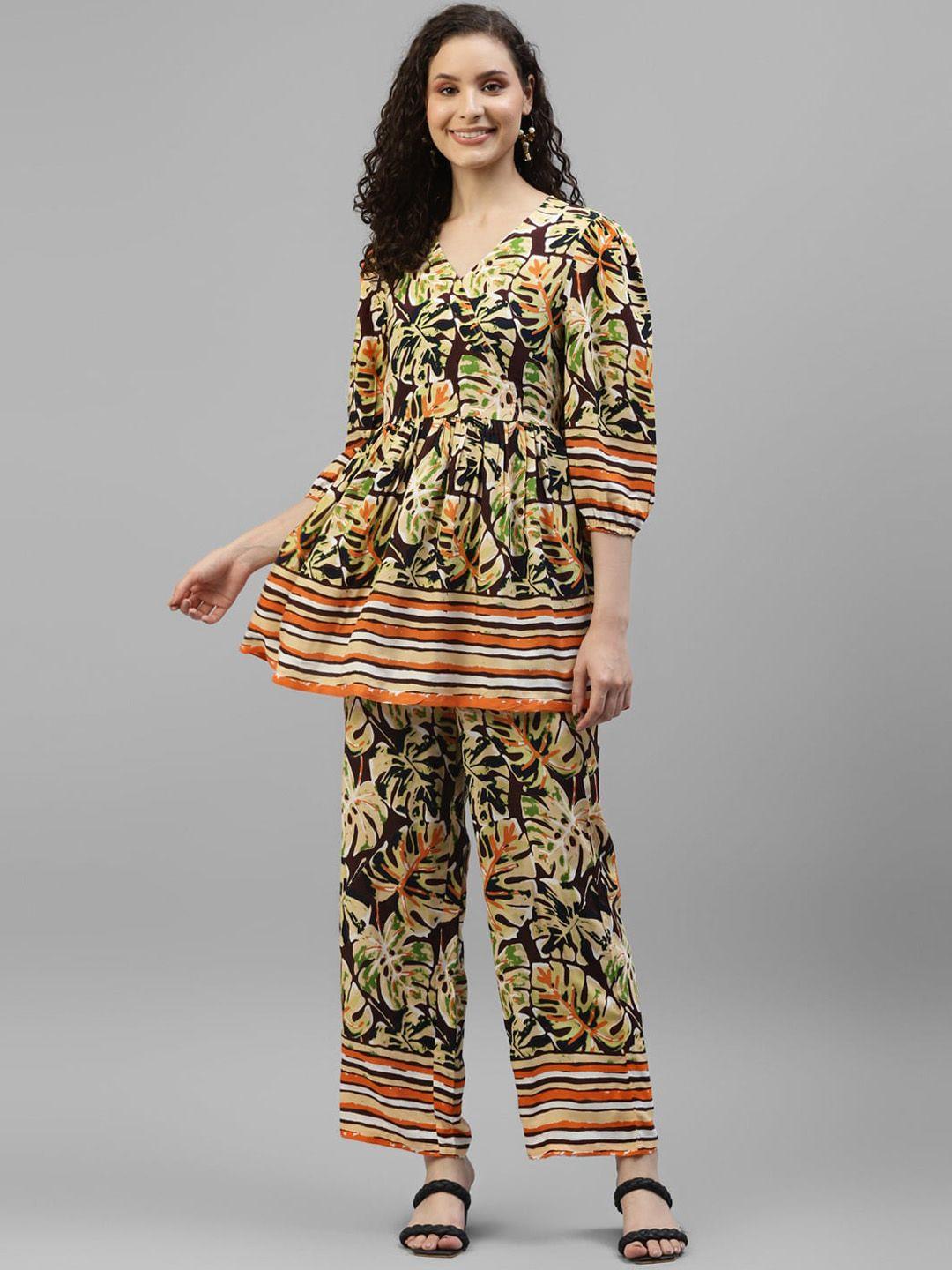 deebaco tropical printed puff sleeves ethnic a-line top with trousers