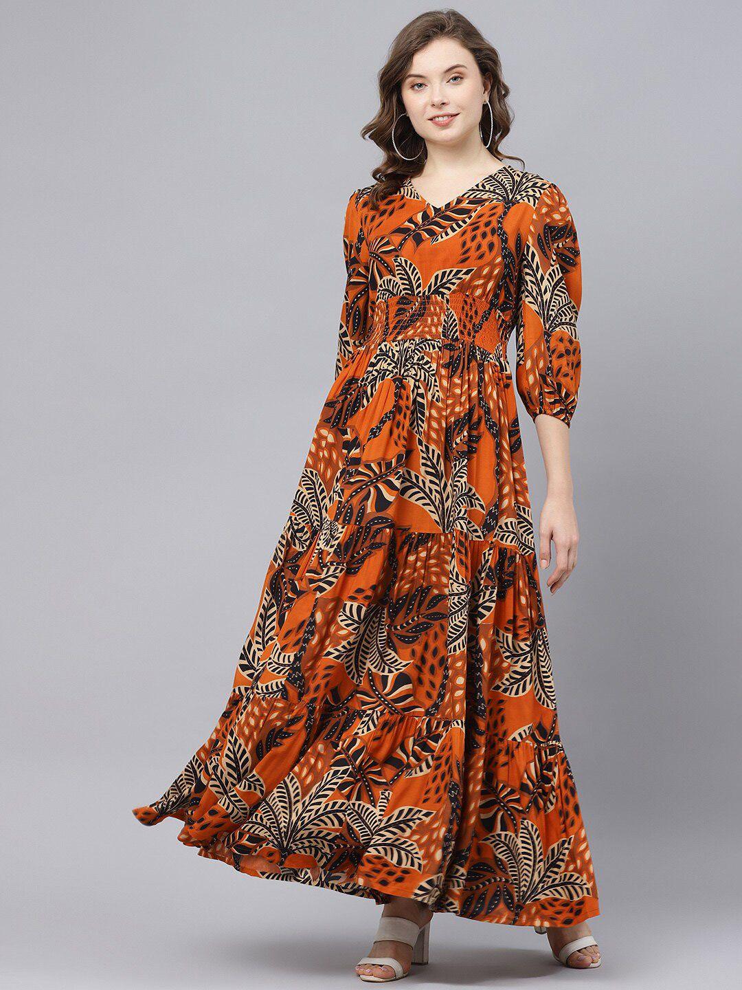 deebaco tropical printed puff sleeves smocked v-neck tiered maxi fit & flare dress