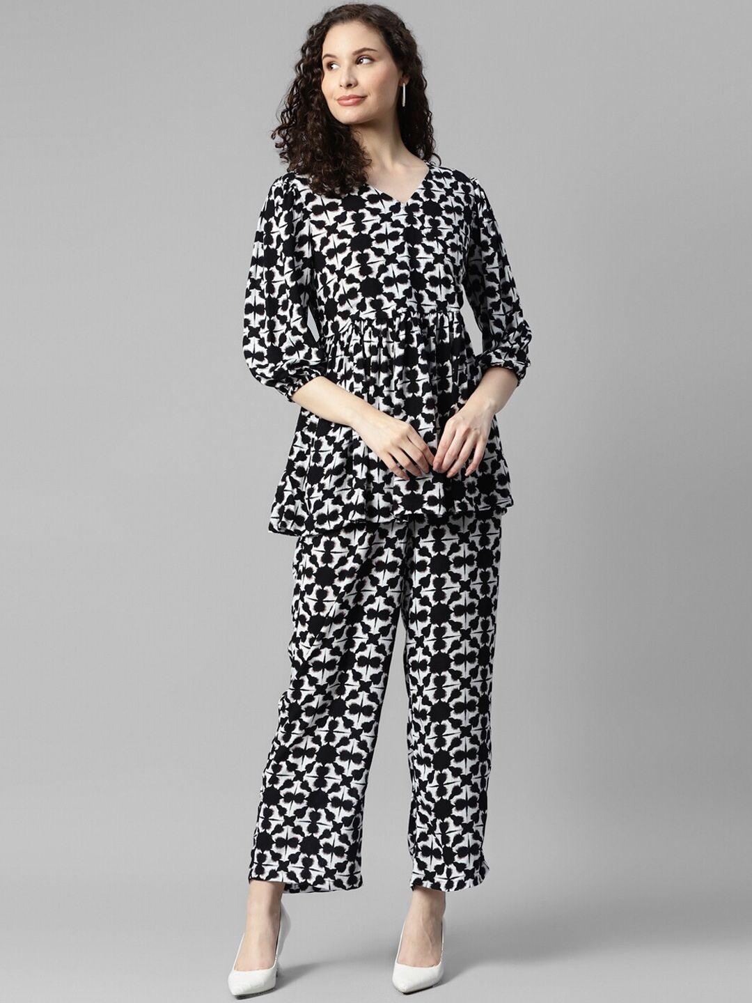 deebaco v-neck printed top & mid-rise trouser co-ords