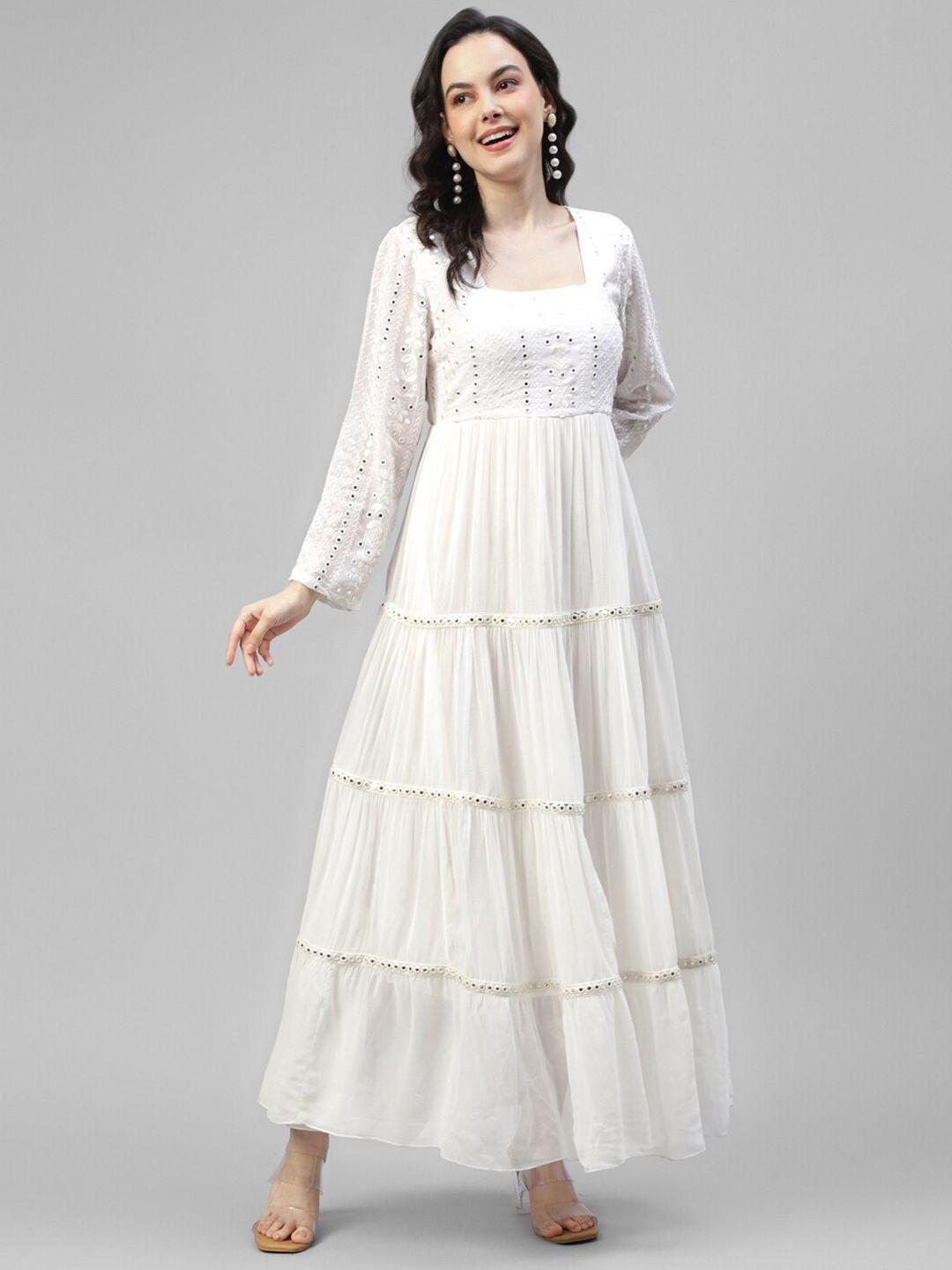 deebaco white embroidered georgette fit & flare maxi dress