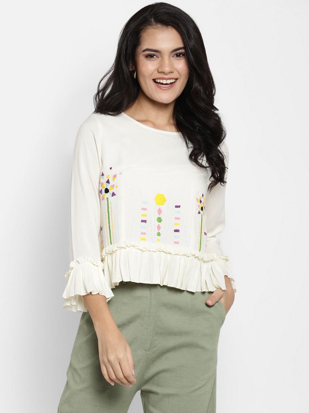 deebaco white embroidered ruffles regular top