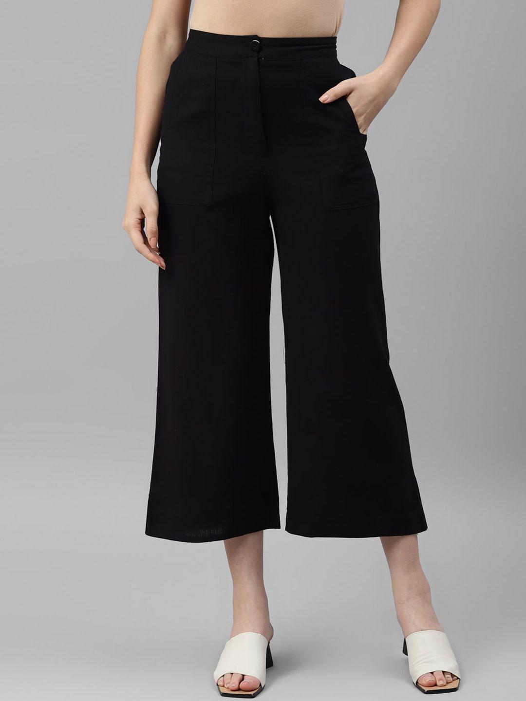 deebaco women black relaxed loose fit high-rise culottes trousers