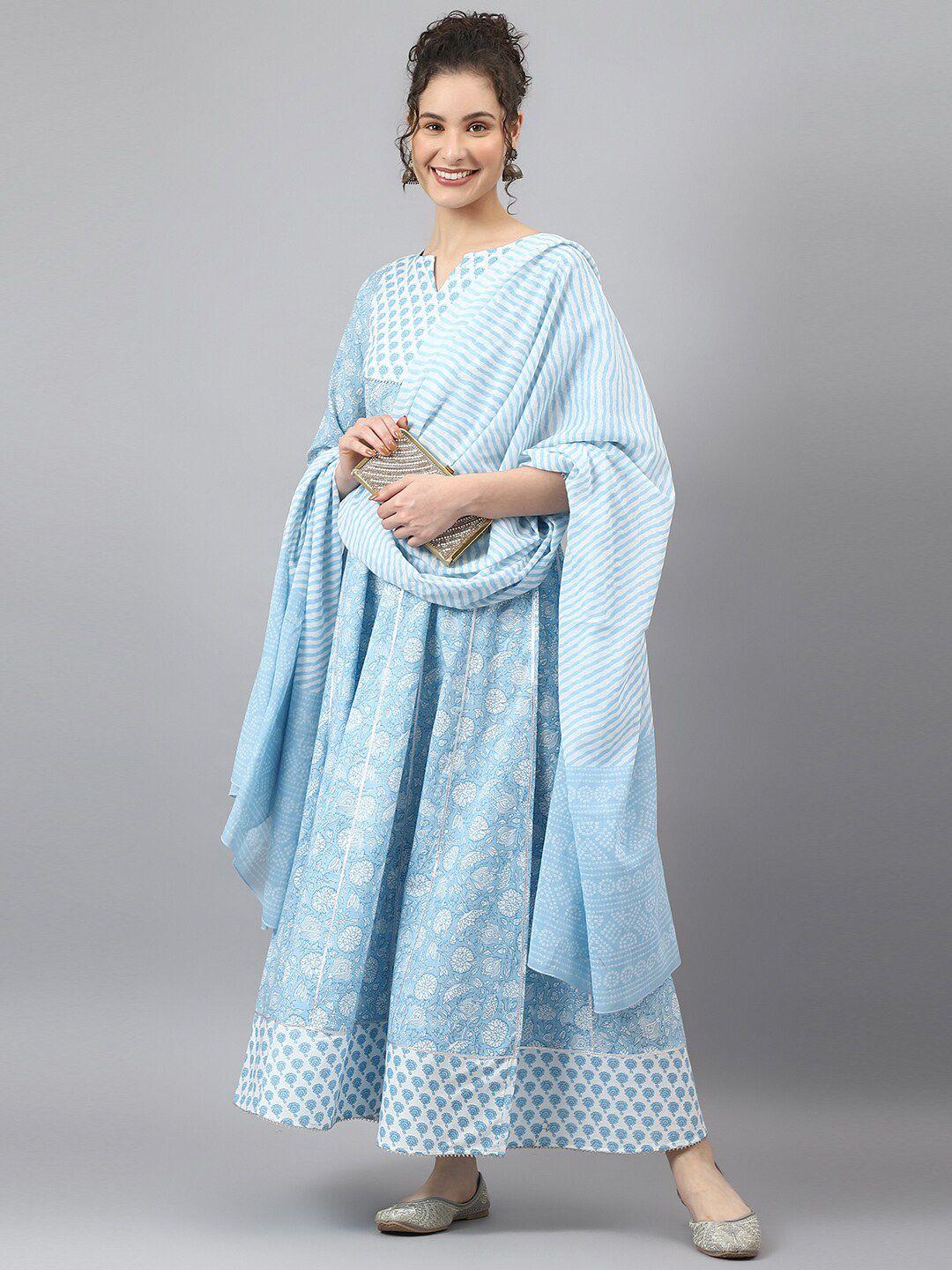deebaco women blue & white floral printed anarkali pure cotton kurta with dupatta