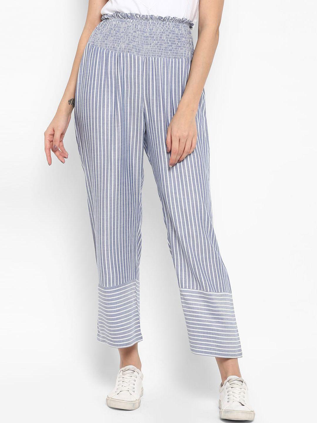 deebaco women blue striped loose fit pleated regular trousers