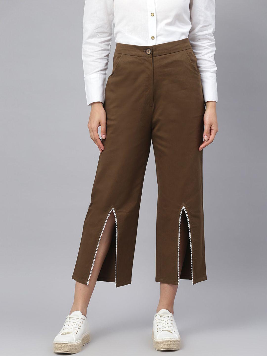 deebaco women brown solid regular-fit relaxed cropped trousers