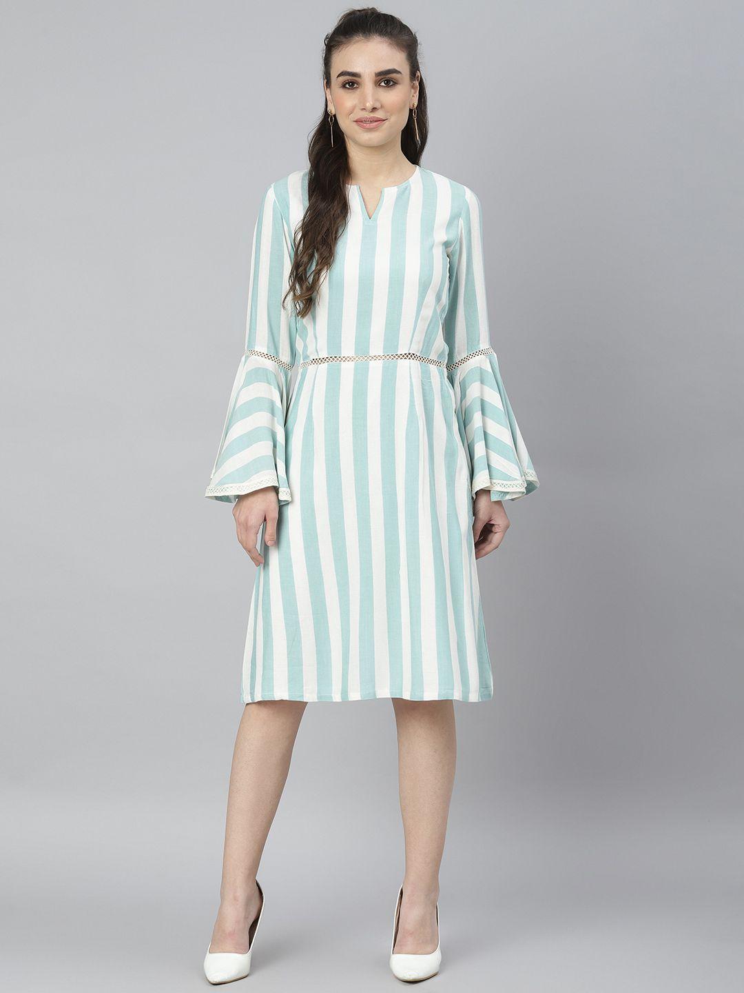 deebaco women green & blue striped flared sleeved a-lined dress with lace