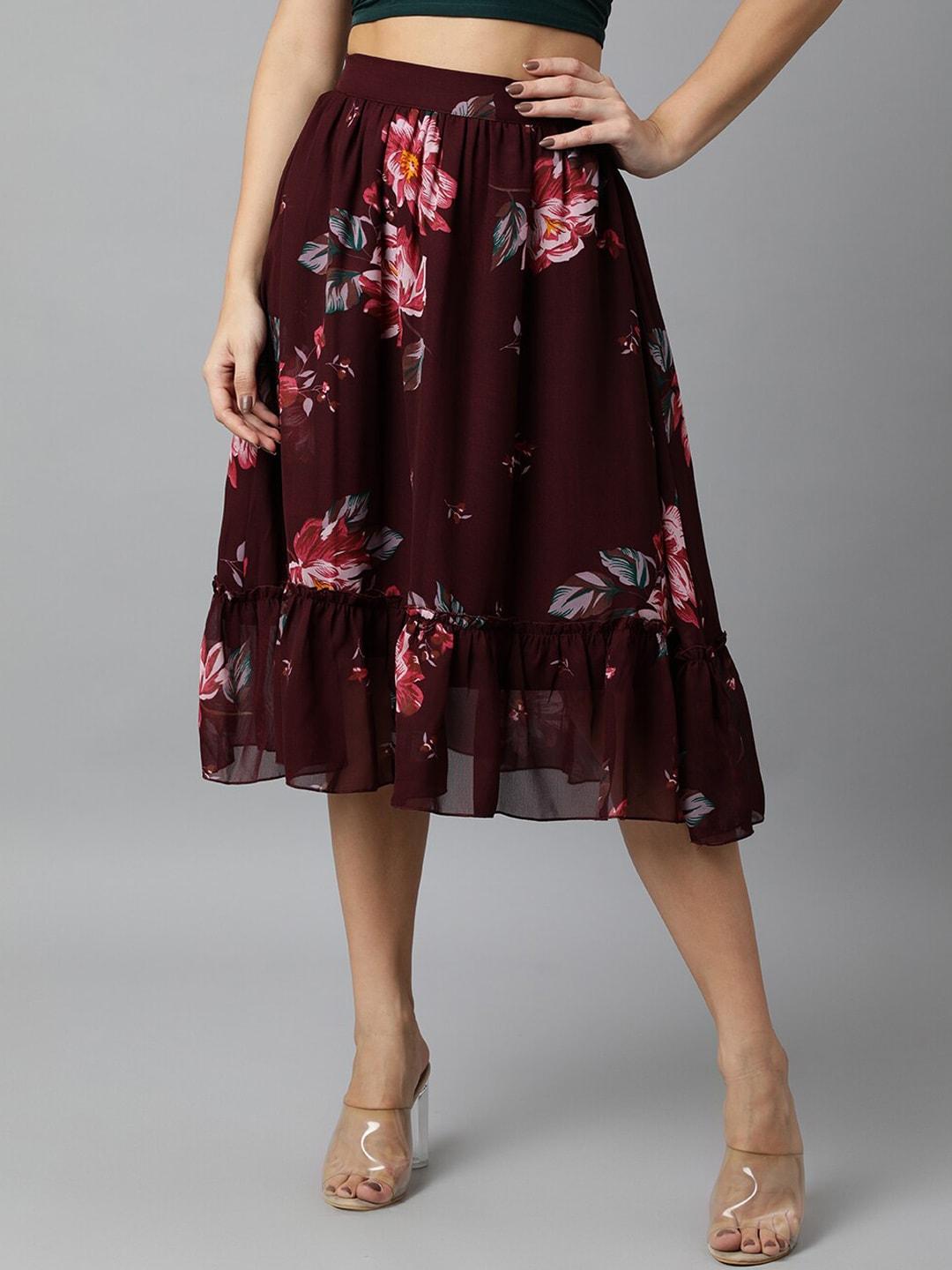 deebaco women maroon floral printed tiered midi skirt
