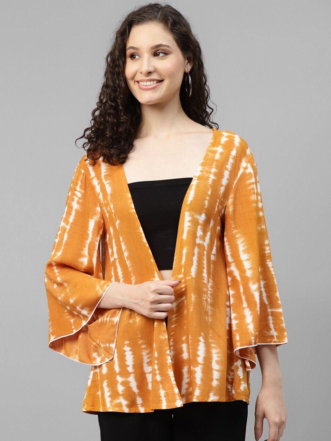 deebaco women mustard & white printed longline shrug