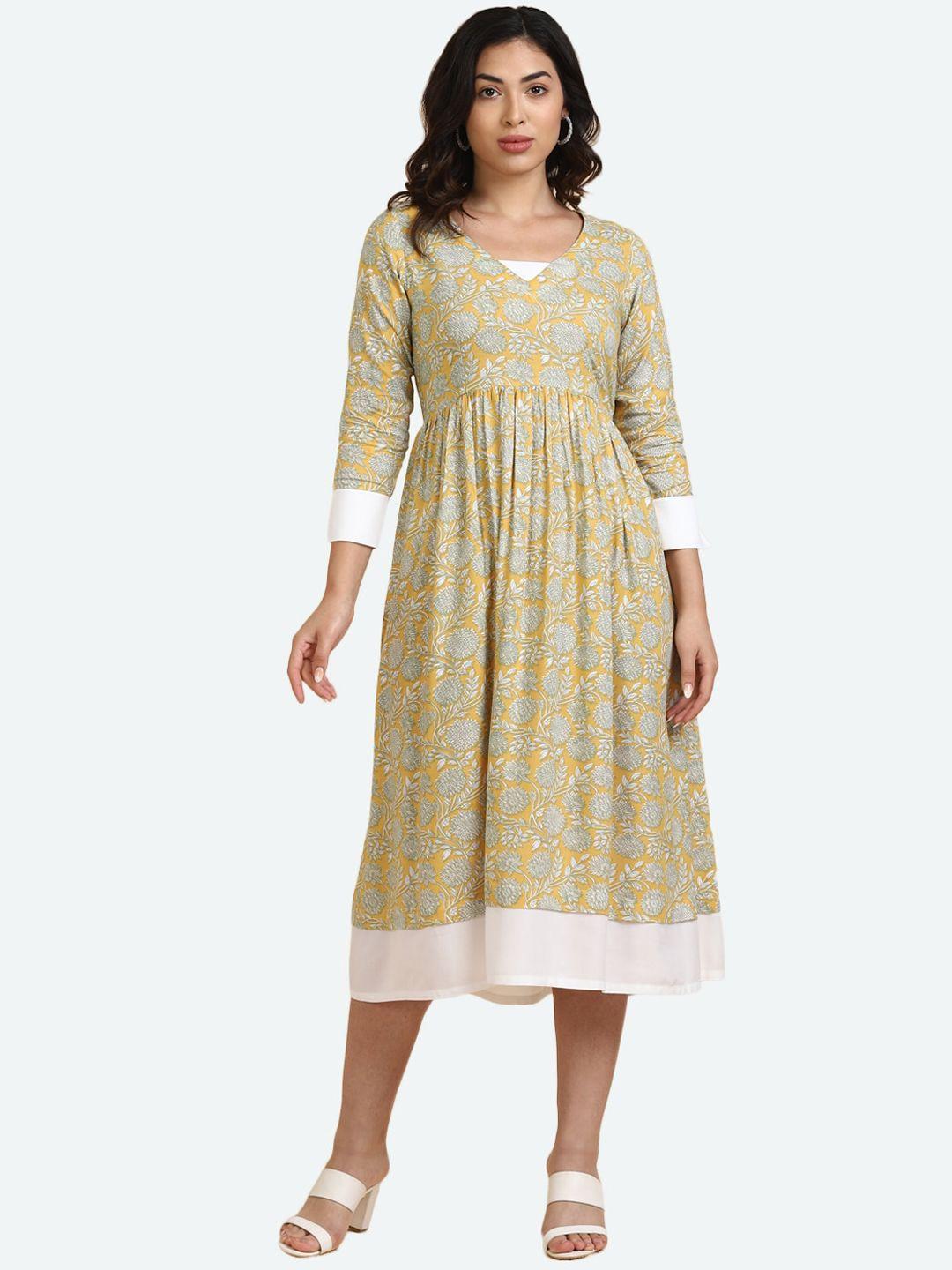 deebaco women mustard floral printed fit & flare midi dress