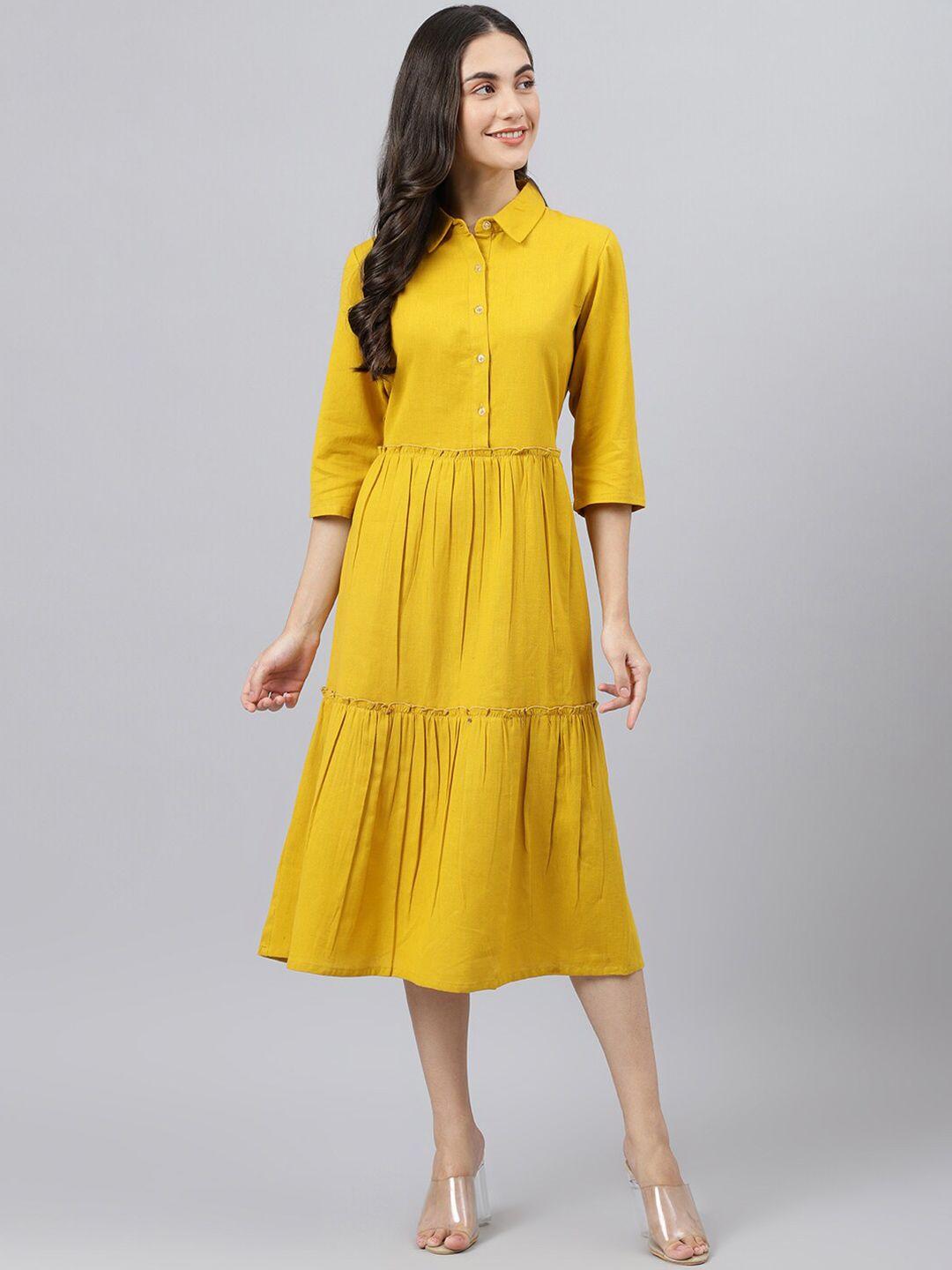 deebaco women mustard yellow a-line cotton midi dress