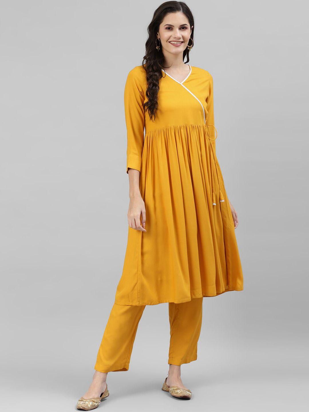 deebaco women mustard yellow angrakha kurta with trouser set