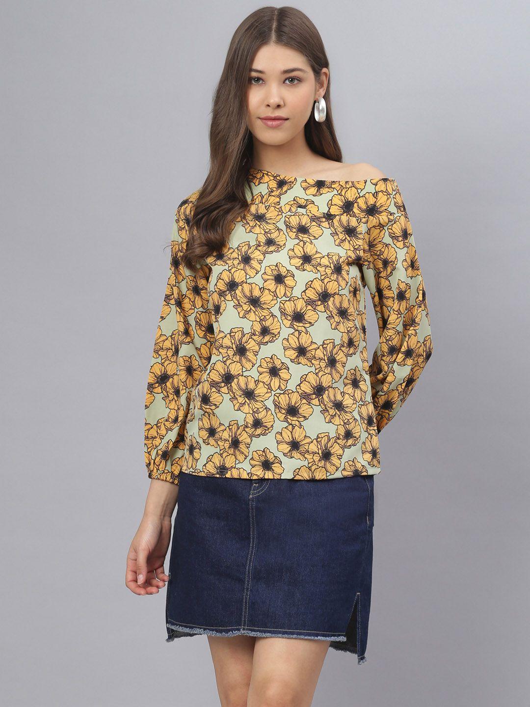 deebaco women mustard yellow floral crepe regular top