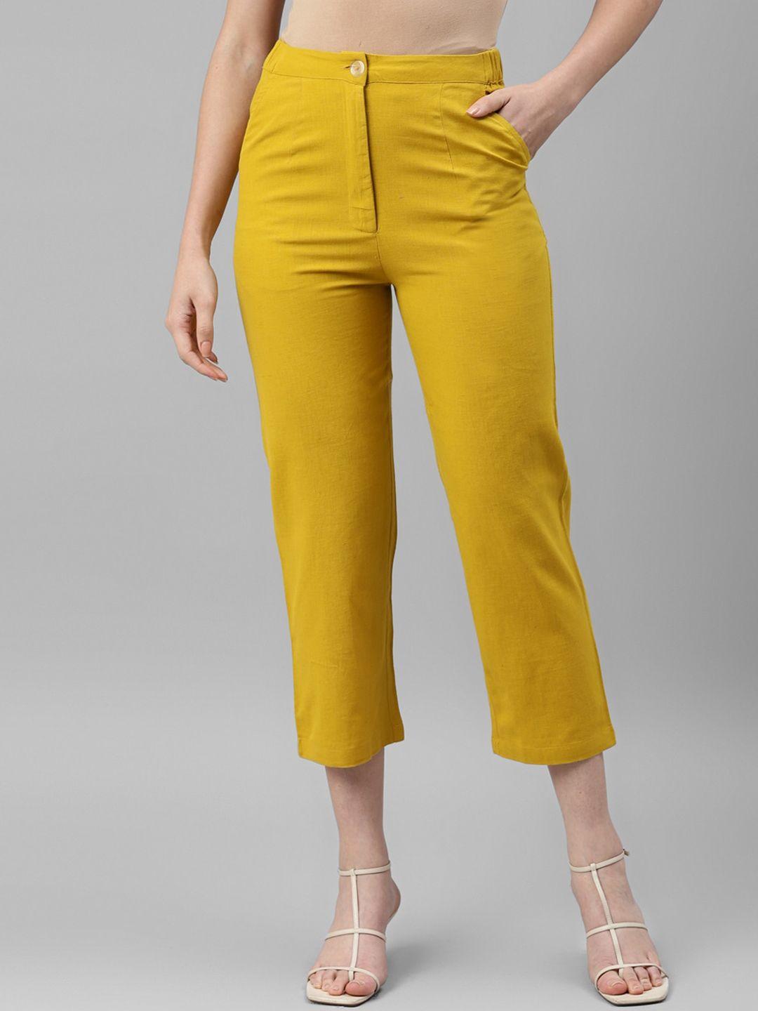 deebaco women mustard yellow pencil slim fit high-rise trousers