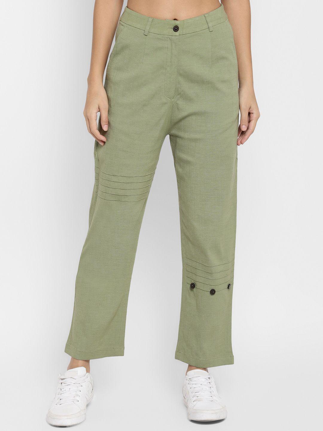 deebaco women olive green pintuck cotton trousers