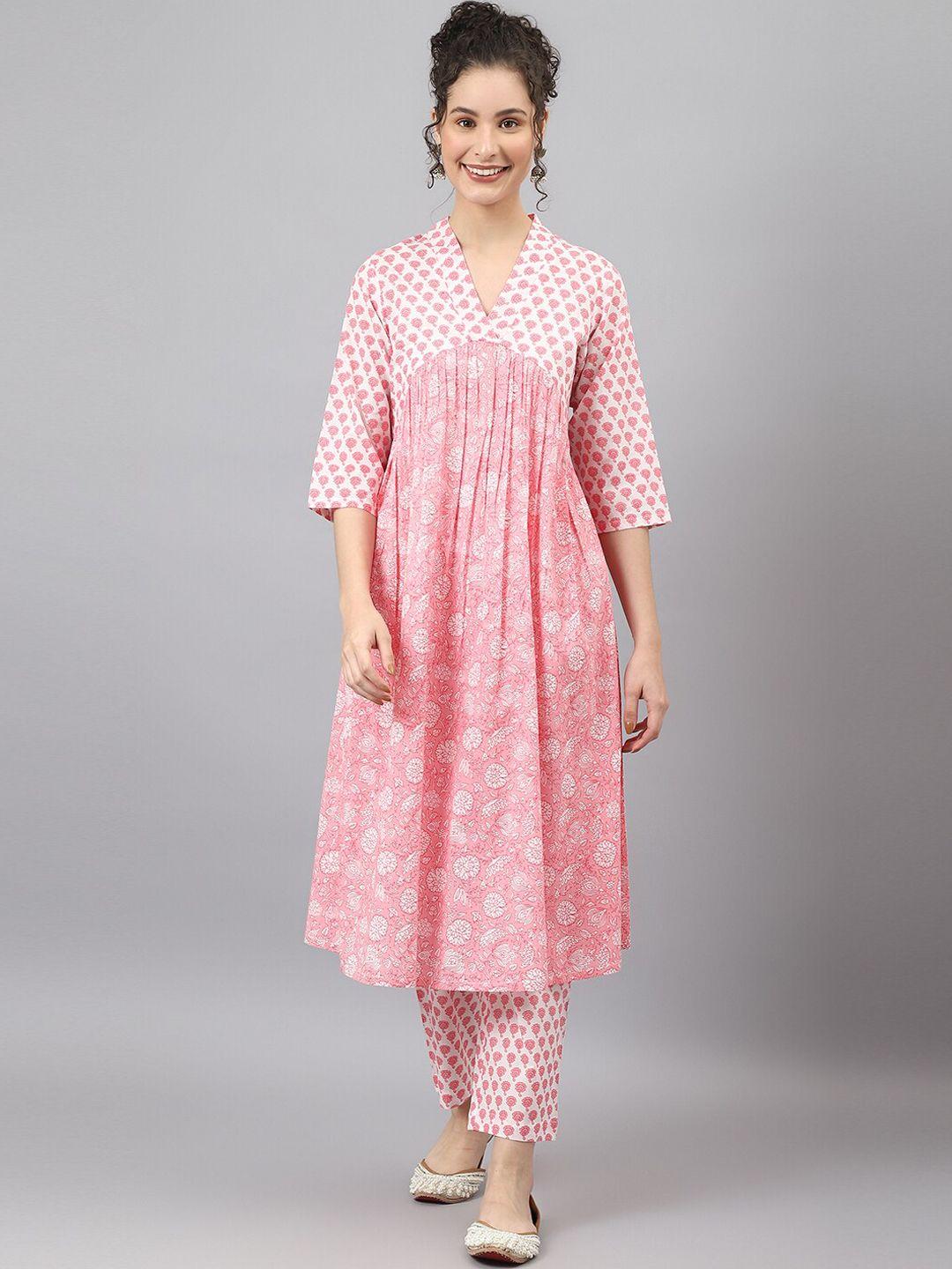 deebaco women pink floral printed pleated pure cotton kurta with trousers