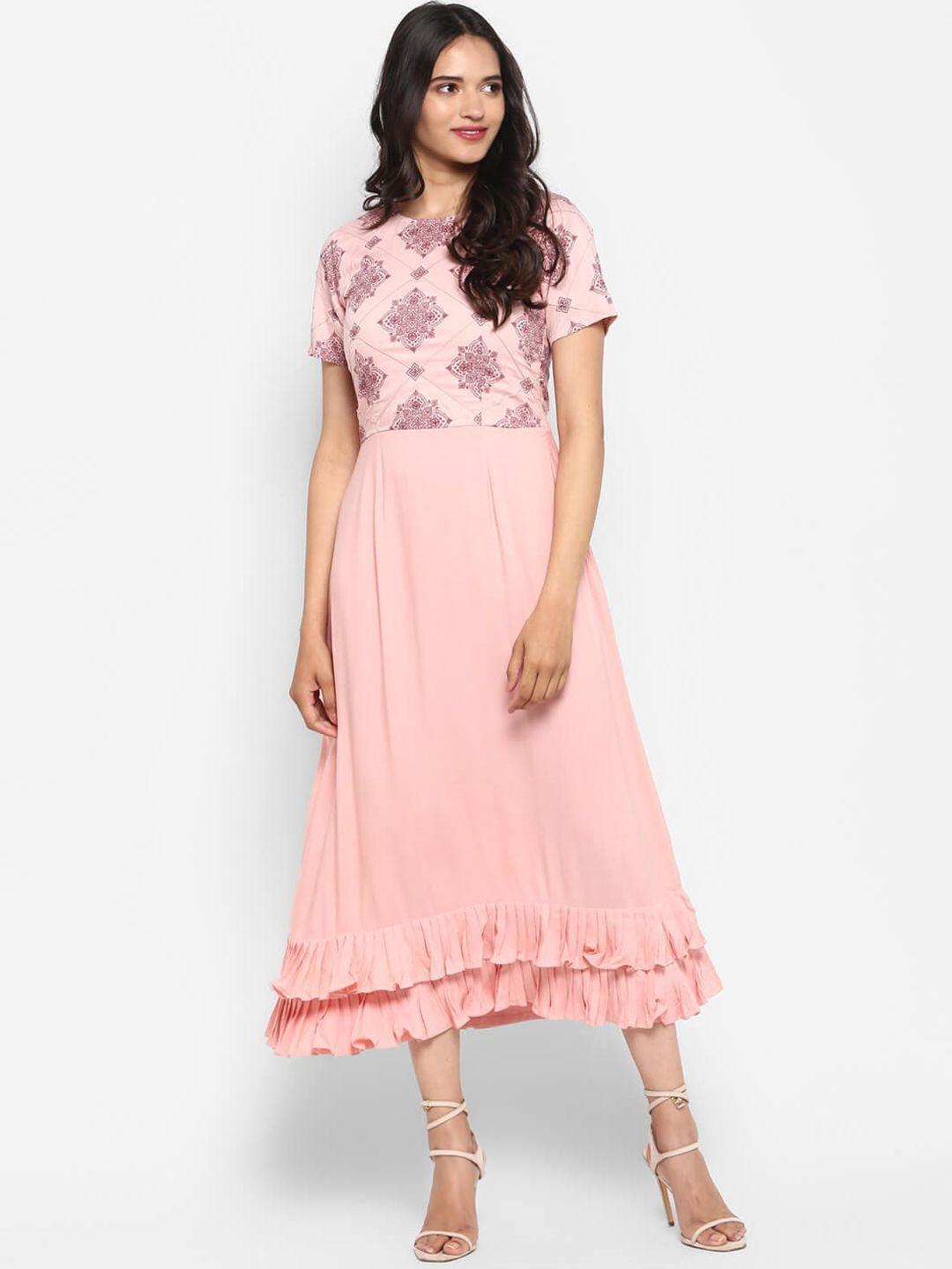deebaco women pink printed floral  fit and flared midi dress