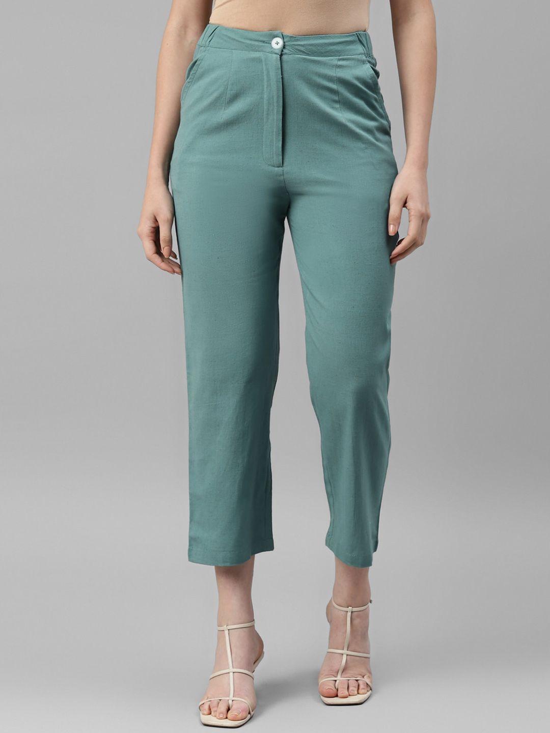 deebaco women sea green pencil slim fit high-rise trousers