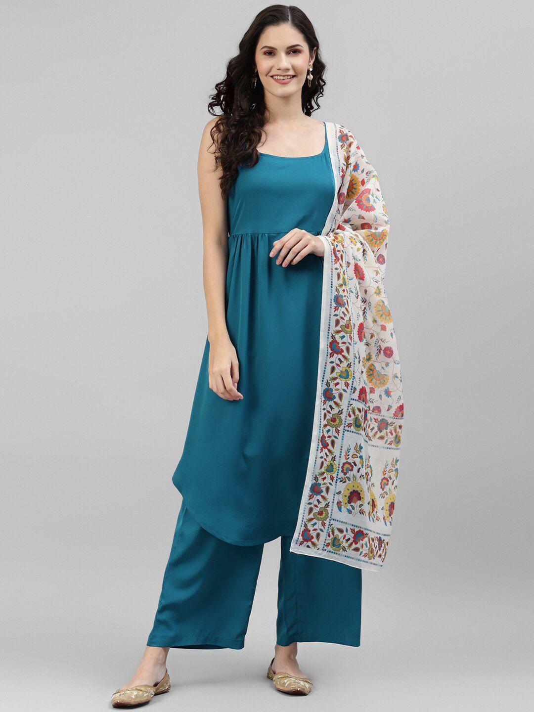 deebaco women solid shoulder straps kurta with palazzos & with  floral printed dupatta