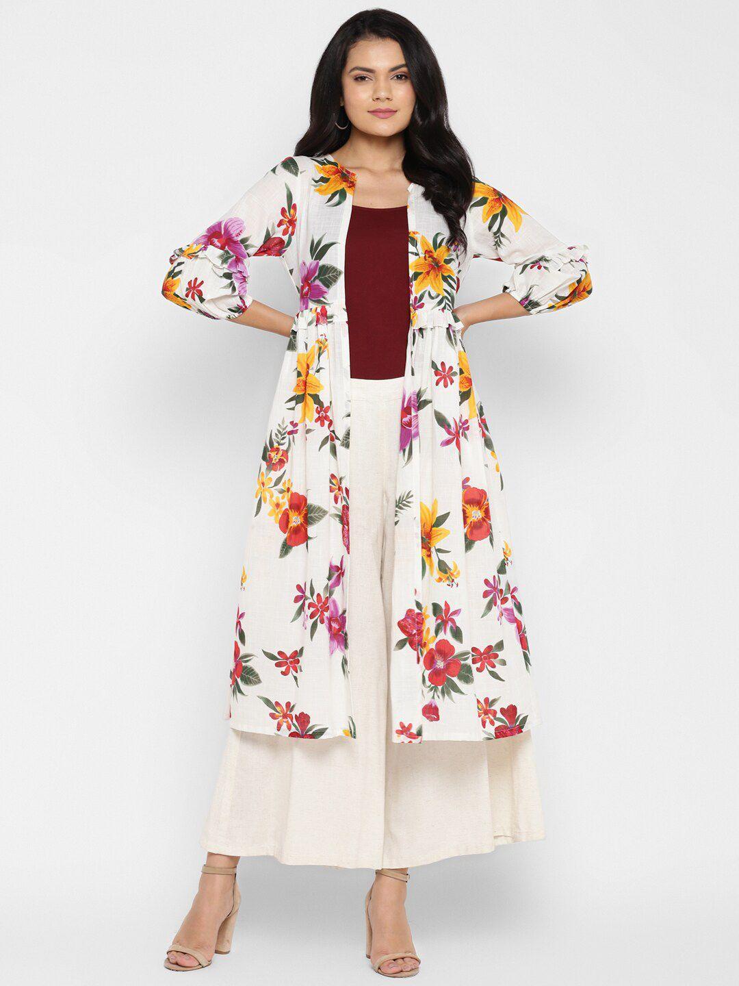 deebaco women white & yellow floral printed long shrug