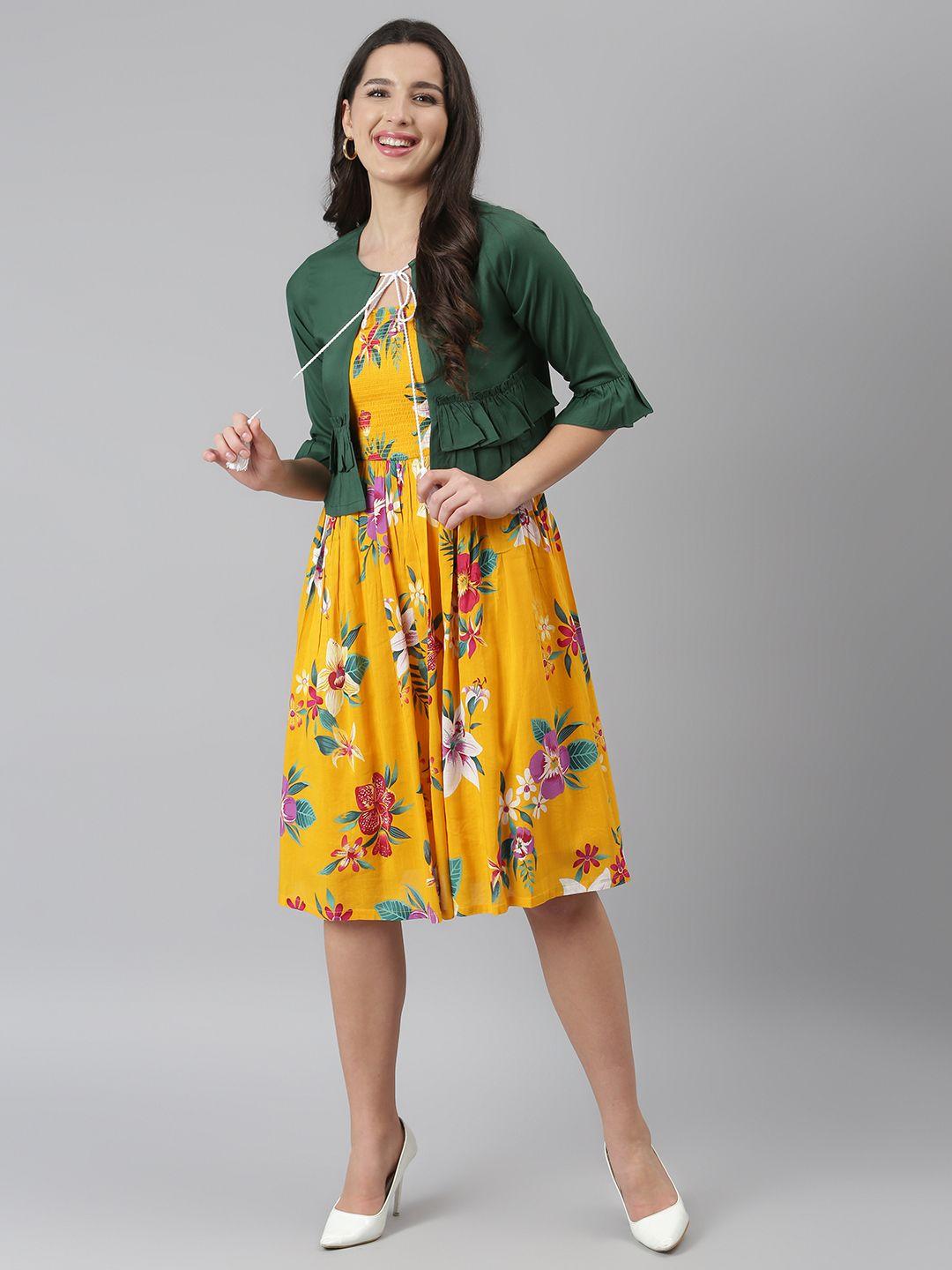 deebaco yellow & red floral printed tie-up neck fitand flared midi dress