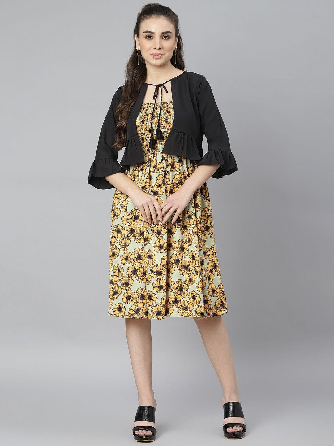 deebaco yellow floral tie-up neck dress with shrug