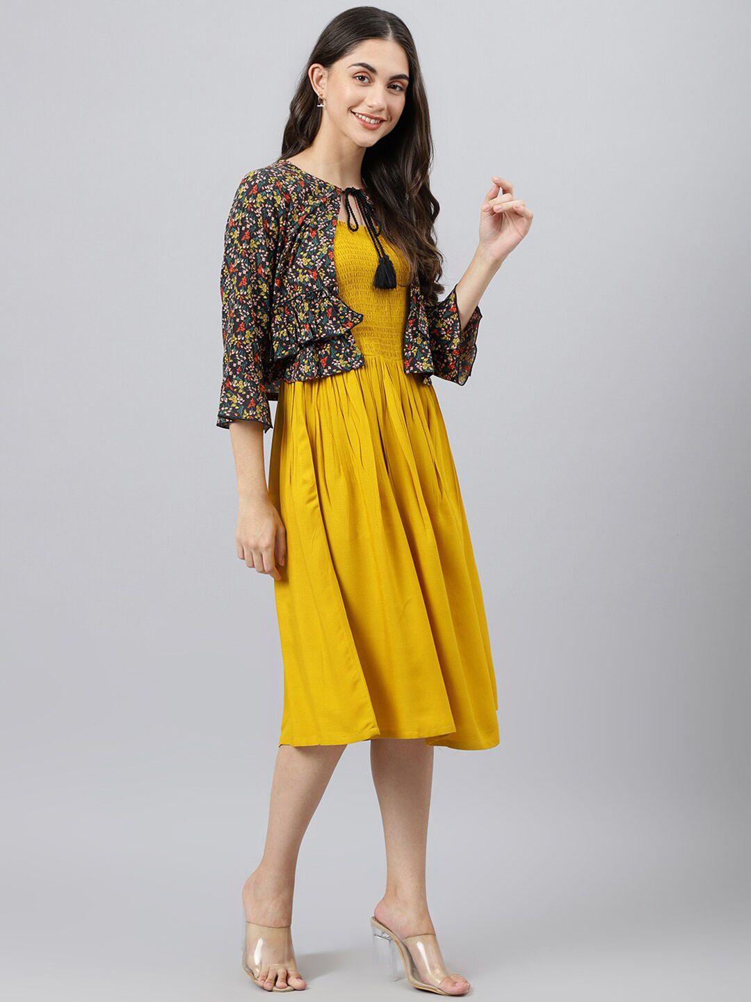 deebaco yellow solid smocked midi dress with floral jacket