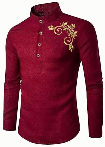 deemoon men's regular fit flower pattern short kurta red