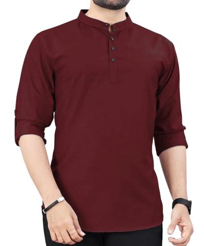 deemoon men's regular fit solid pattern short kurta maroon